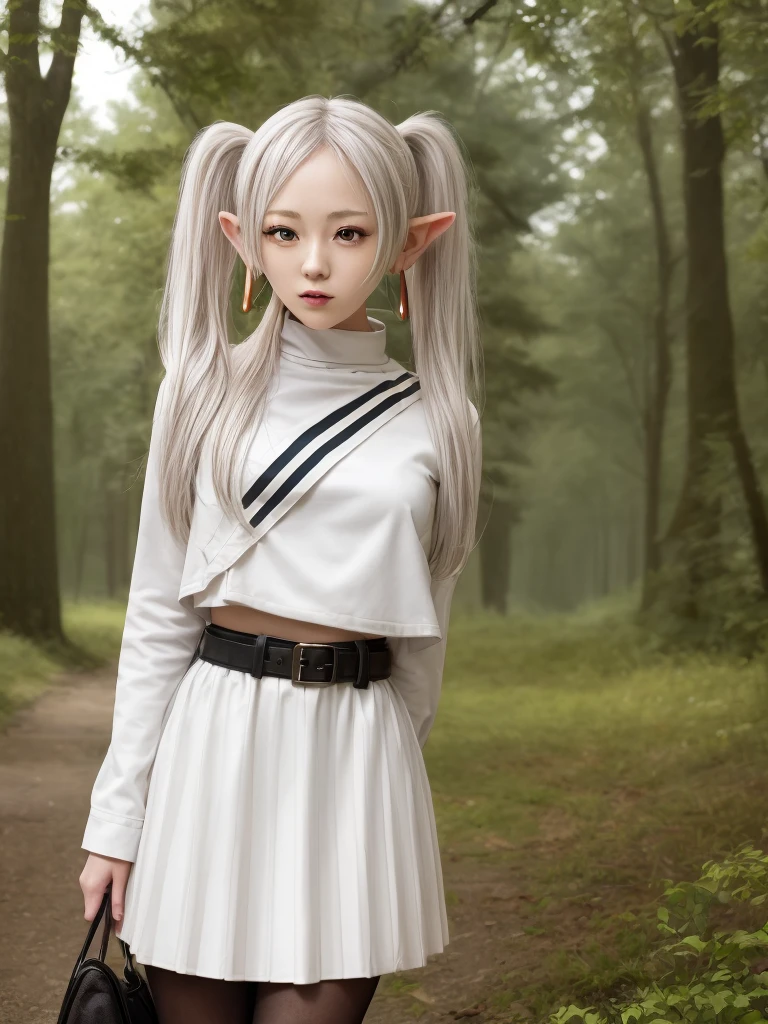 masterpiece, best quality, absurdres, 1girl, solo, FrierenBase, long hair, twintails, earrings, white capelet, striped shirt, horizontal stripes, long sleeves, belt, white skirt, gold-trim, black pantyhose, arms behind back, outdoors, forest, 