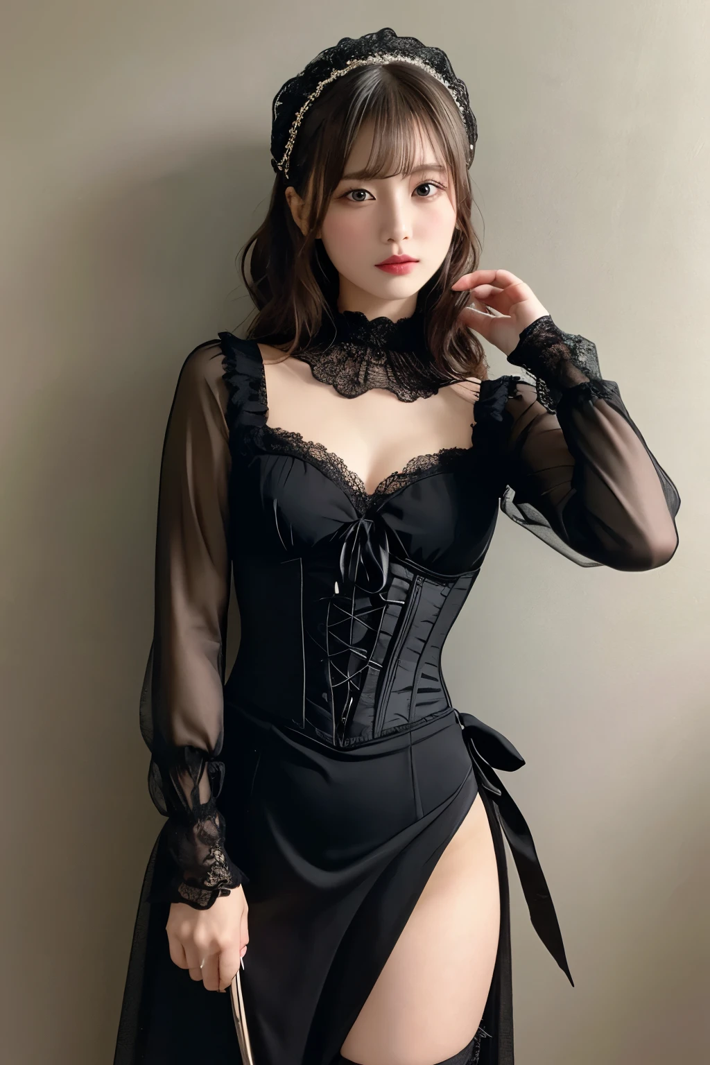In the center of the image is the、A female character standing in an elegant gothic lolita outfit。She is turning slightly to the left。The character has silver hair with distinctive bangs and curls.、She wears a black lace headpiece and a long veil。Her makeup is dramatic、Dark eyeliner and thick lipstick accentuate her mysterious and brooding look.。大きな胸、ランダムでセクシーなポーズ
She wore a black dress with intricate lace detailing and multiple layers of ruffles.、It extends to the ankles。The bodice of the dress is decorated with a large black bow and corset-like lacing.。long sleeves、Comes with lace cuffs。She also、She wears black lace gloves that match her headpiece and veil.。
The background consists of a light-colored wall with decorative floral patterns.、It contrasts sharply with her dark outfit.。Soft, diffused light comes in from the left.、The soft lighting highlights the texture of her dress and accessories.、It creates shadows。
The overall atmosphere of the image is melancholic and elegant.、It captures the essence of Victorian-influenced Gothic fashion.。