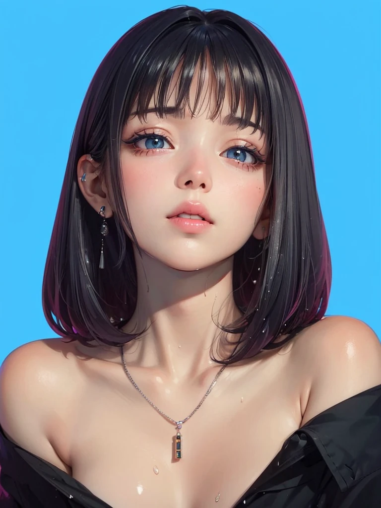 Beauty, High nose, Long eyelashes, 目にLight, Pink Lips, Closed Mouth, blue, Light, Fluttering Hair,Big eyes, Inner color hair, turn around, Get wet, short hair, cute, 30 years old, glossy, charm, Real, null,Big white t-shirt,