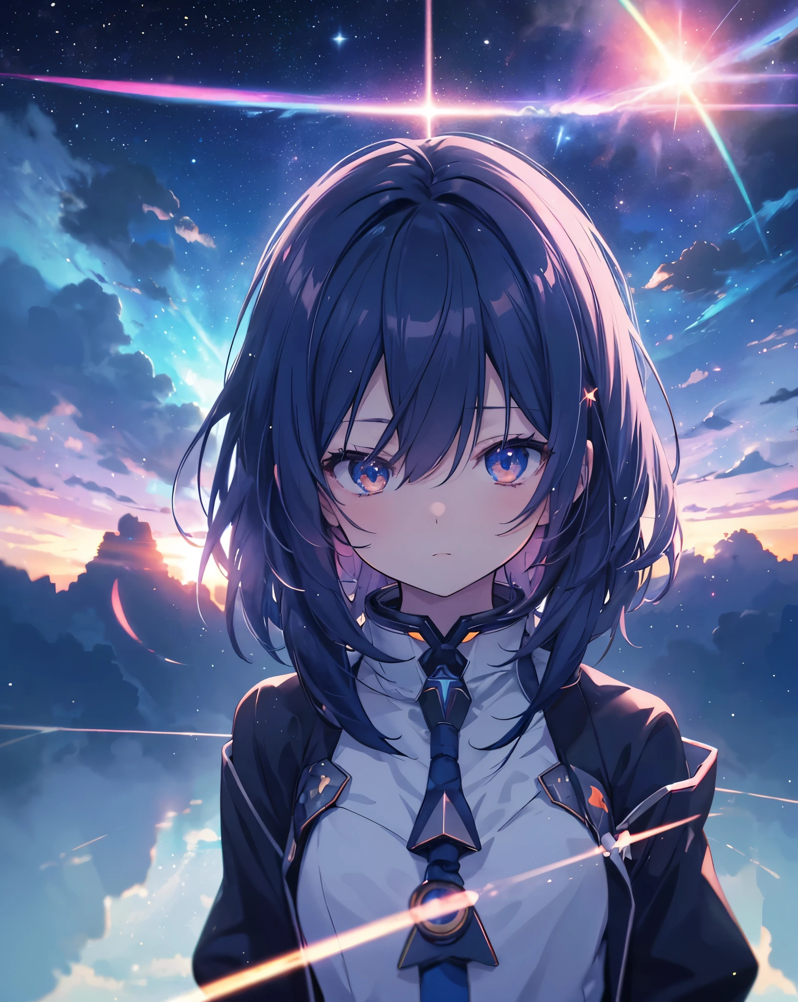 anime nekogirl looking at a shooting star above the clouds, highly detailed raw color photo, dynamic pose, (cosmic: 1.4), (necropolis: 1.1), (science fiction setting), chromatic aberration, depth of field, soft lighting, masterpiece, best quality, intricate, (lens reflection: 0.7), (flowering: 0.7), particle effects, ray tracing