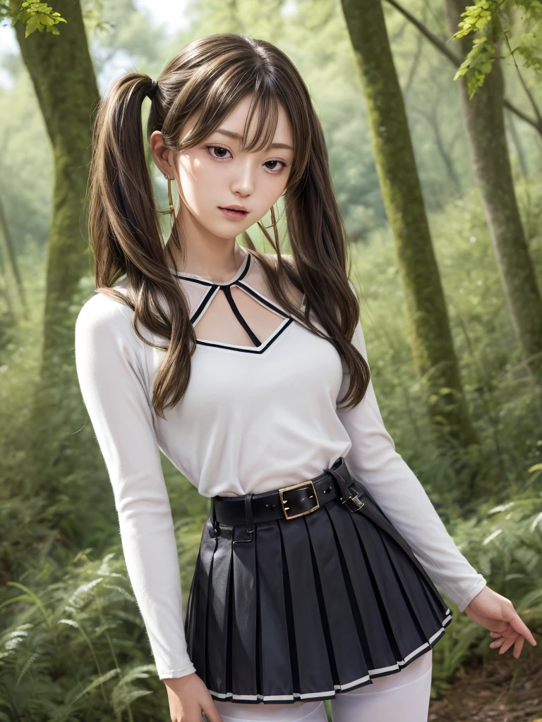 masterpiece, best quality, absurdres, 1girl, solo, FrierenBase, long hair, twintails, earrings, white capelet, striped shirt, horizontal stripes, long sleeves, belt, white skirt, gold-trim, black pantyhose, arms behind back, outdoors, forest, 