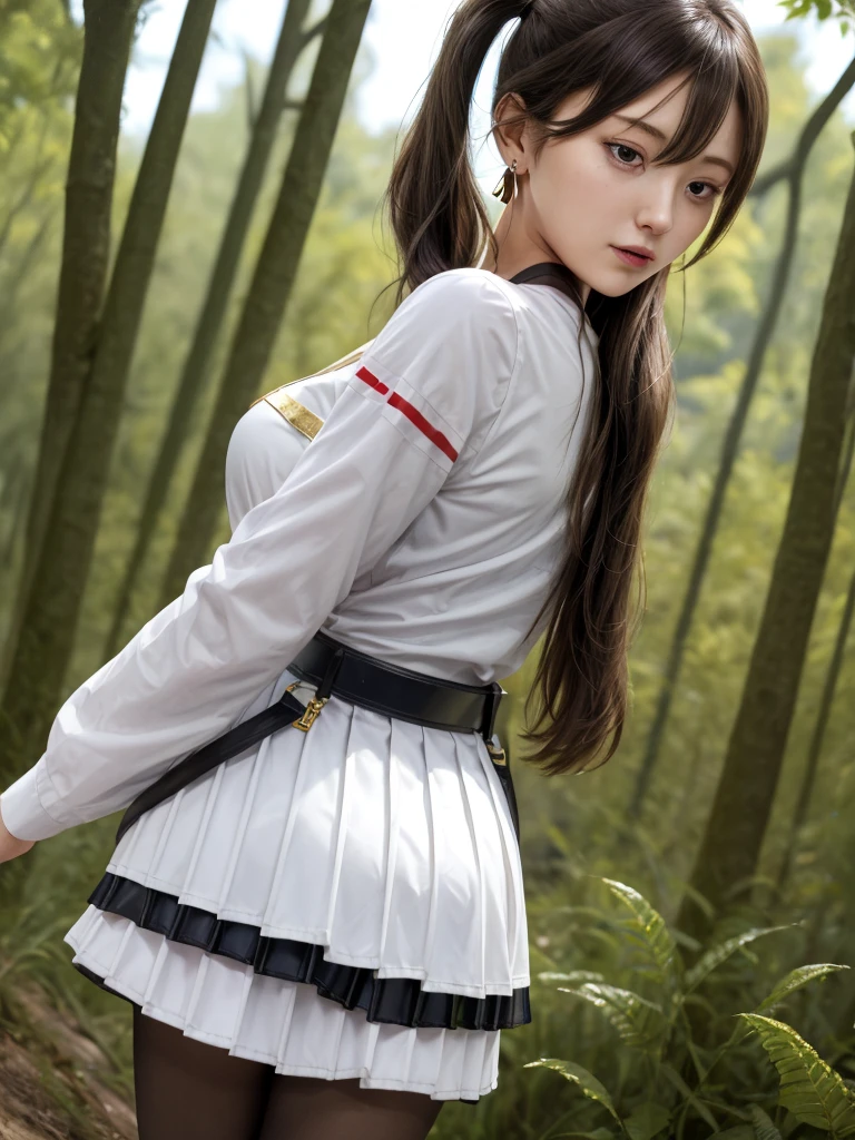 masterpiece, best quality, absurdres, 1girl, solo, FrierenBase, long hair, twintails, earrings, white capelet, striped shirt, horizontal stripes, long sleeves, belt, white skirt, gold-trim, black pantyhose, arms behind back, outdoors, forest, 