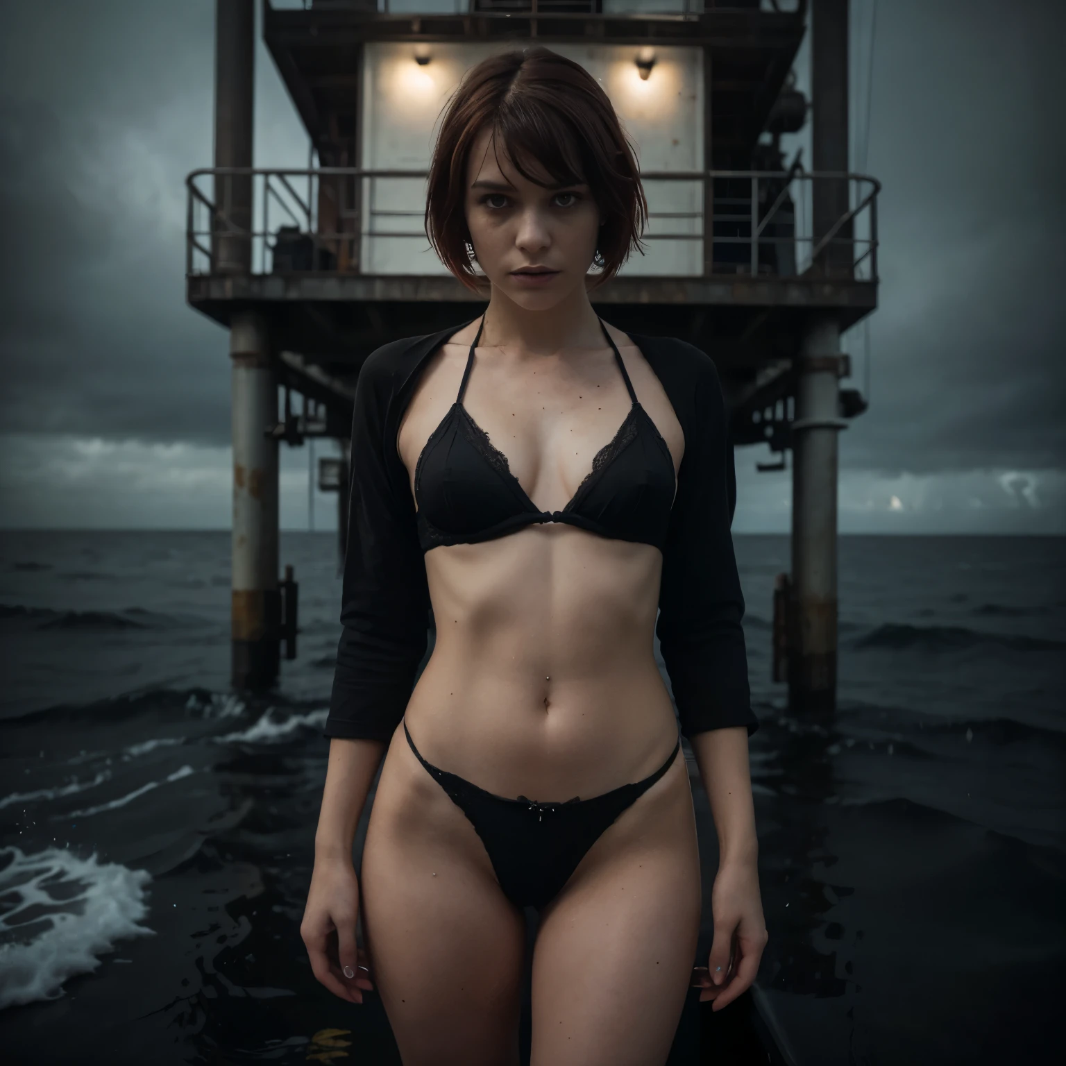 (Best Quality,hight resolution,Masterpiece, half body shot:1.2),Ultra-detailed,red hair woman dressed in black g string thong and fishnet lingerie,sickly standing on a offshore platform in the middle of the ocean at night, she's wearing a very sexy high waisted g-string thong, rough sea in the background, thong lingerie, oil platform in the storm, perfect body, sensual pose, night storm in the ocean, north sea, full body shot, horror vibes, centered subject,gloomy ecstasy,fetish,dark gloomy atmosphere, creepy atmosphere, gritty texture,Retro-atmosphere,warped reality,melancholic expression on his face,mysterious aura,foggy atmosphere,foggy background,Subtle color palette,provocative pose,Strong emotions,Coming Out of the Depths of Despair,Piercing gaze,intense shadows,Plunged in Darkness,dark industrial aesthetic,ominous vibe,A supernatural sensation,Loss of Place in Time and Space,Eerie silence.asymmetrical bangs, freckles, red short hair, Bangs, freckles, gray eyes,