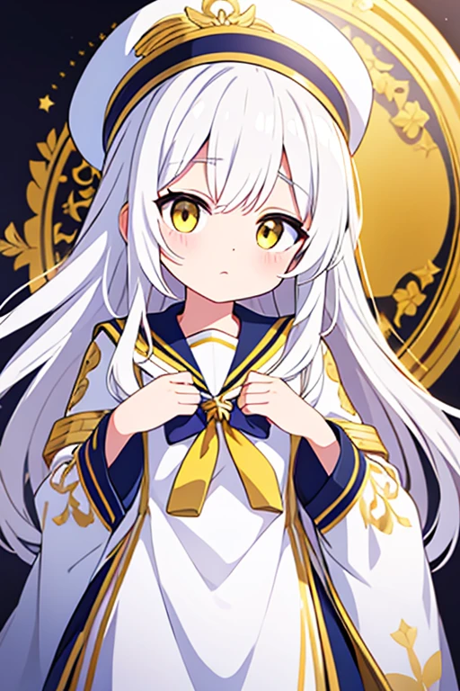 White cap with gold decoration、Long white hair、Yellow Eyes、Sailor3White uniform