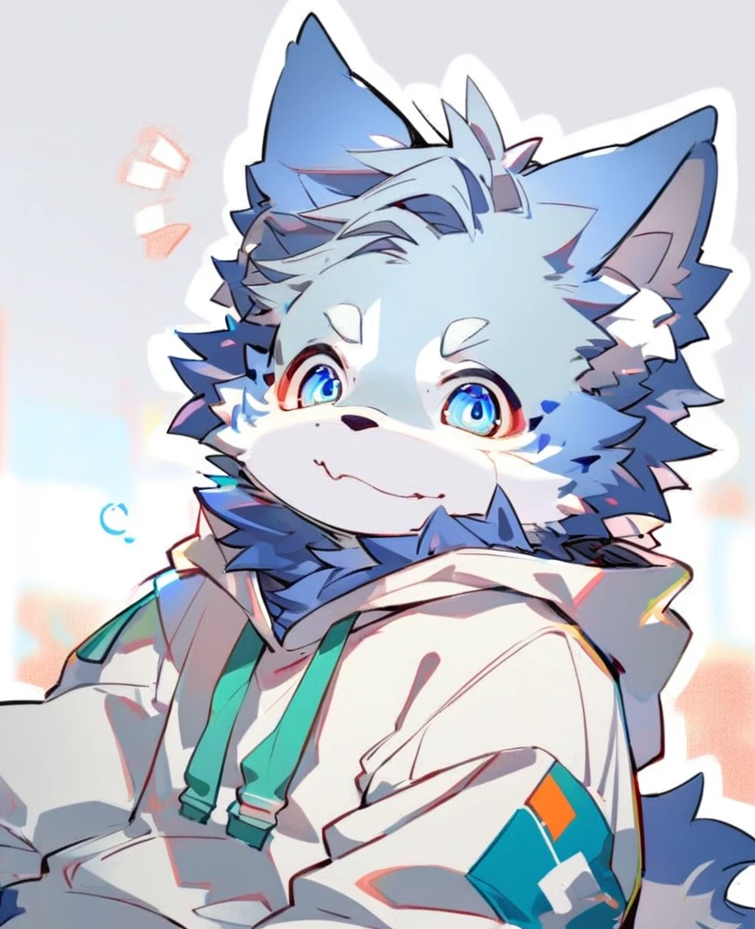 a boy，Anthropomorphic wolf，furry，Fu Rui，Light blue hair，Deep eyes，Wearing a sweatshirt，Cute expression，Furry ears，Reddened cheeks