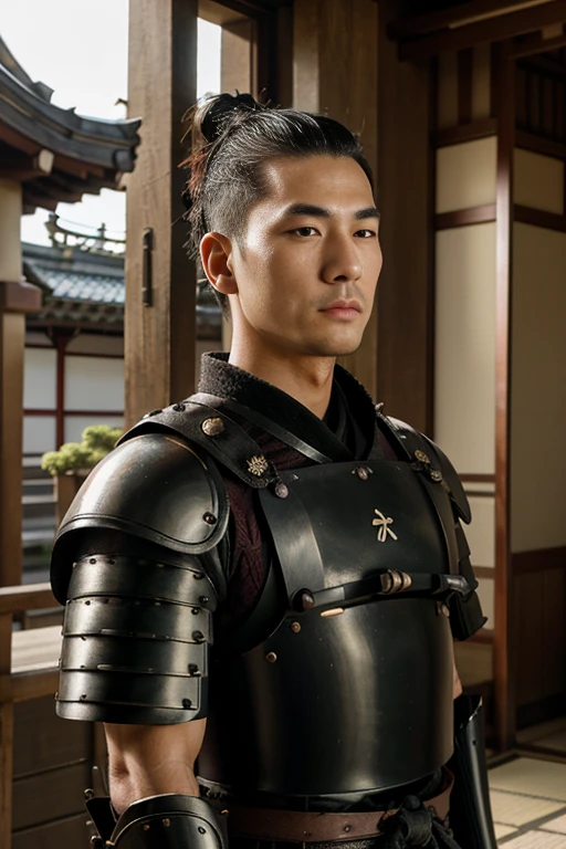 Samurai armor, Japanese handsome guy, Gay lover, kissing a bulky male, Samurai, The History of Homosexuality in Japan, topless, top-knot hairstyle, standing, Full Frame, Professional Lighting, Japanese temple background.