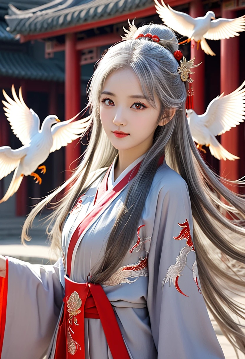 Photo quality　Reality　masterpiece，need，Ultra-high resolution，Teenage Girls，Adorable，chinese ancient style，(Long silvery grey hair)，Red colored eyes，Fater，Phoenix，cloud，Light of the sun，Kamimei