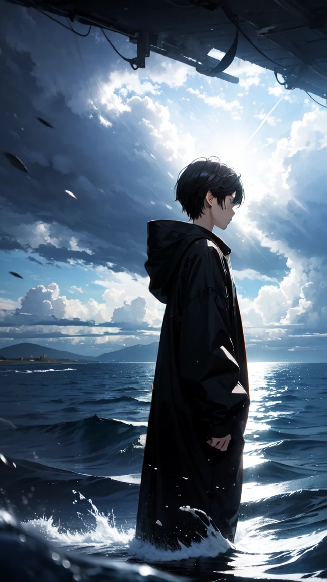 1 boy, water background, wearing white oversize hoodie, water man, no face, high resolution, 4k, 8k, UHD, aura, water aura, standing in middle of sparkling ocean, facing away, wind blowing fast