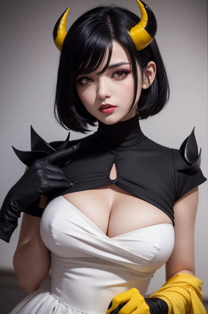 Kizi, short black hair with a white streak, yellow eyes, black gown, red gloves, black horns, , angry busty