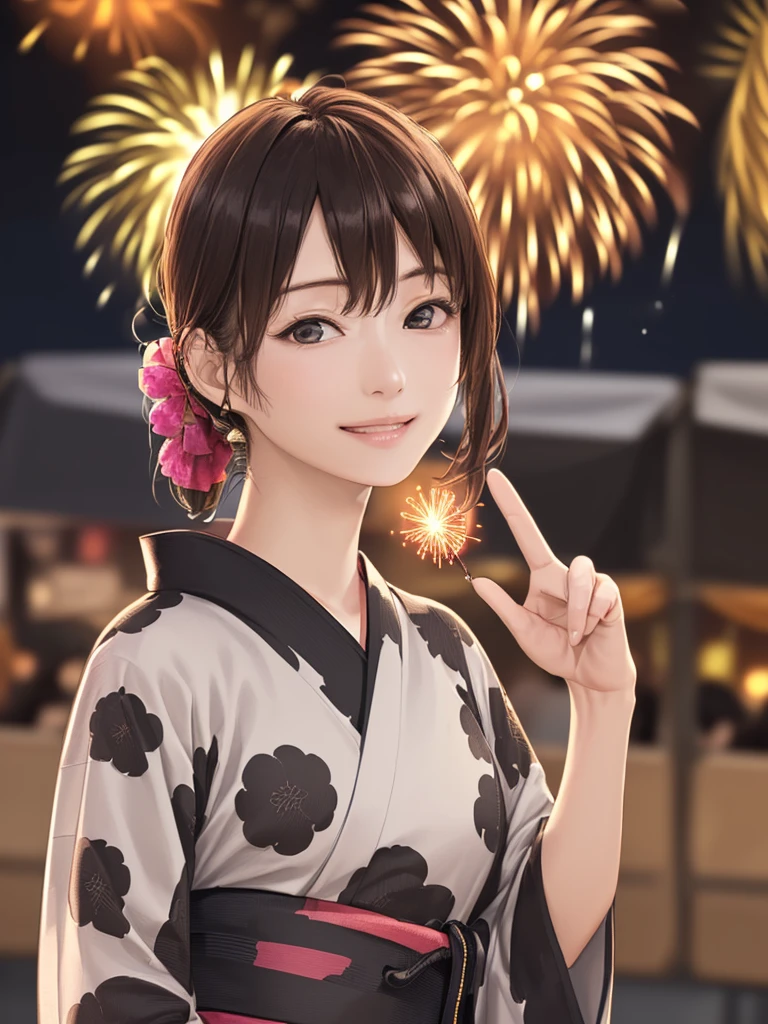 (Highest quality、8k、32K、masterpiece)、(Realistic)、(Realistic:1.2)、(High resolution)、Very detailed、Very beautiful face and eyes、(((Women's Solo Shot)))、Tight waist、(Highest quality、Attention to detail、Rich skin detail)、(Highest quality、8k、Oil paints:1.2)、(Realistic、Realistic:1.37)、Bright colors、(((Full Body Shot)))、(((Bob Hair)))、(((Medium Hair)))、(((Side Ponytail)))、(((smile)))、(((Brown Hair)))、(((She is wearing a yukata with a fireworks pattern)))、(((Black and pink yukata)))、(((Summer Festival at Night)))、(((Making a peace sign)))、(((crowd)))、(((Food stalls are lined up)))