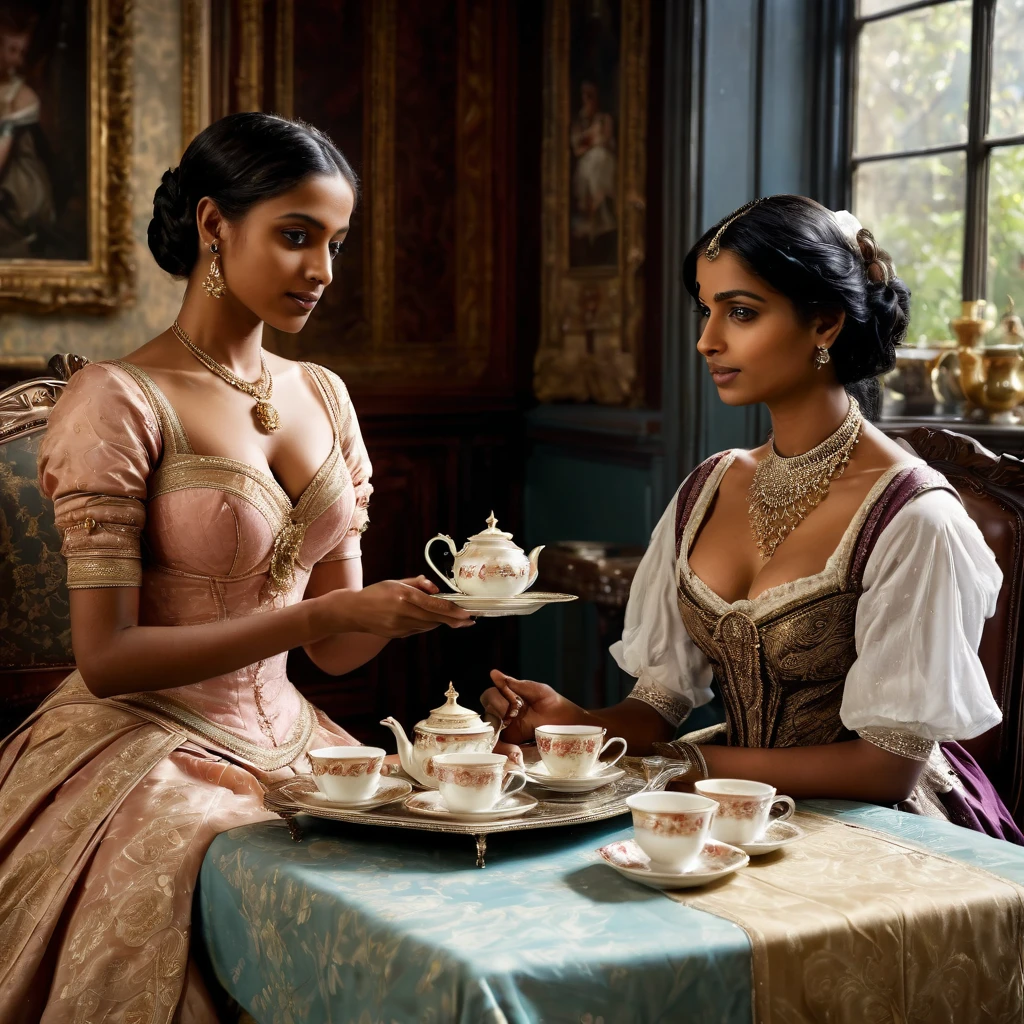 a picture of a british master slave relationship where an indian maid wearing a saree holding a tray of tea cups and serving it to a british victorian woman wearing an elaborate dress who is sitting at a table woman at a tea party. realistic, beautiful, sexy