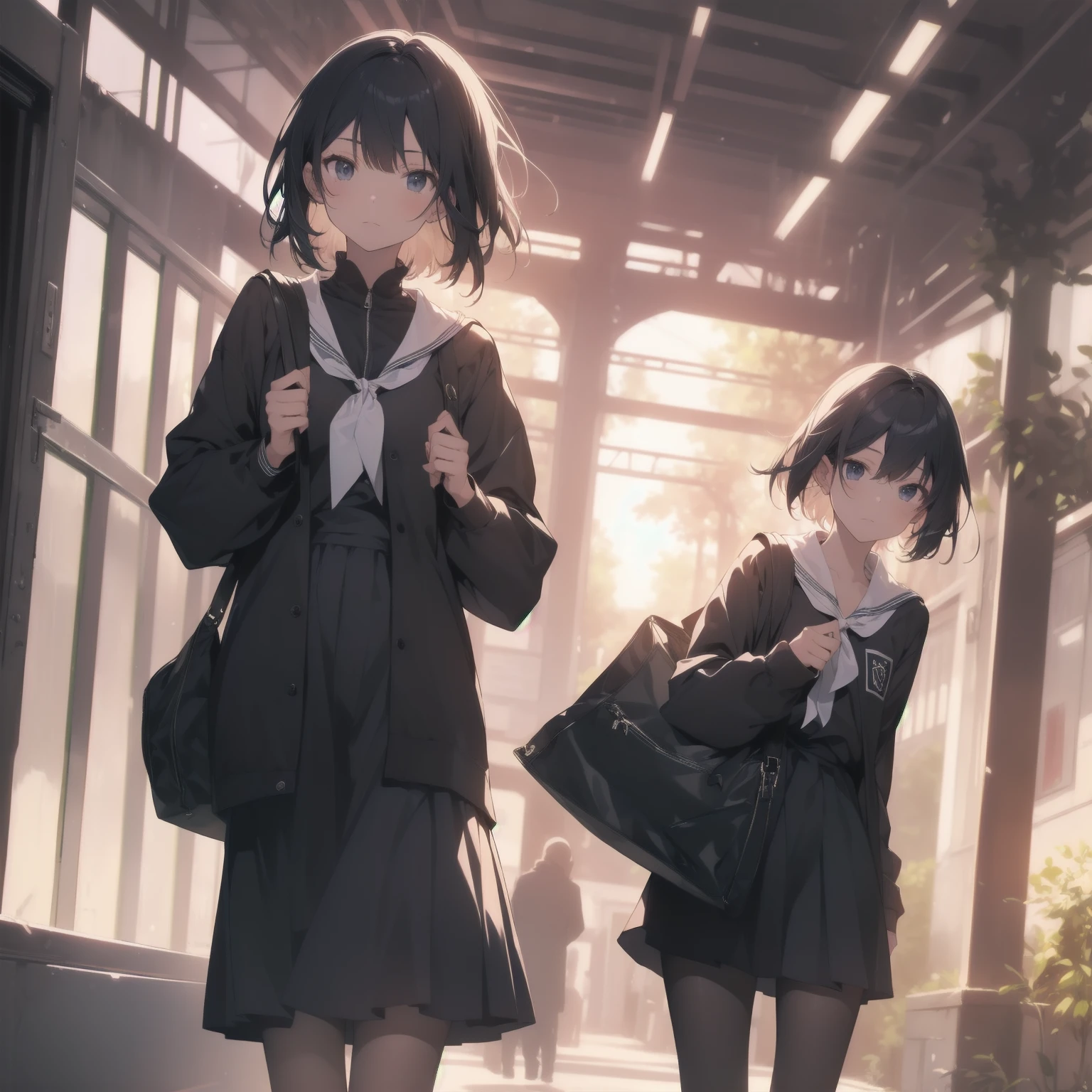 ultra-absurdres-Top quality by artist God, ultra-detailed, high resolution, anime moe artstyle, best anime 8k konachan wallpaper, pixiv contest winner, pool:2810, perfect anatomy,break, 1girl, (Please draw a girl walking sleepily to school alone. )break,(Solo,little female, :1.3),Full limbs, complete fingers,a junior high school student, (very short hair), short cut, flat chest, , small butt, smallck eyes, beautiful detailed eyes, well-proportioned iris and pupils, expressive eyes, highres detailed hair, soft expression, salor school_uniform, sailor collar, serahuku, bow, pleated skirt,(Detailed Lighting), (Detailed background), in the School commute route. break,super detailed skin, Best cinematic lighting powered by famous artist, 8k,beauty illustration,photoshop_(medium),very aesthetic,break,((artist:zen_(kamuro) )), artist:clamp ,artist:carnelian ,artist:kantoku ,