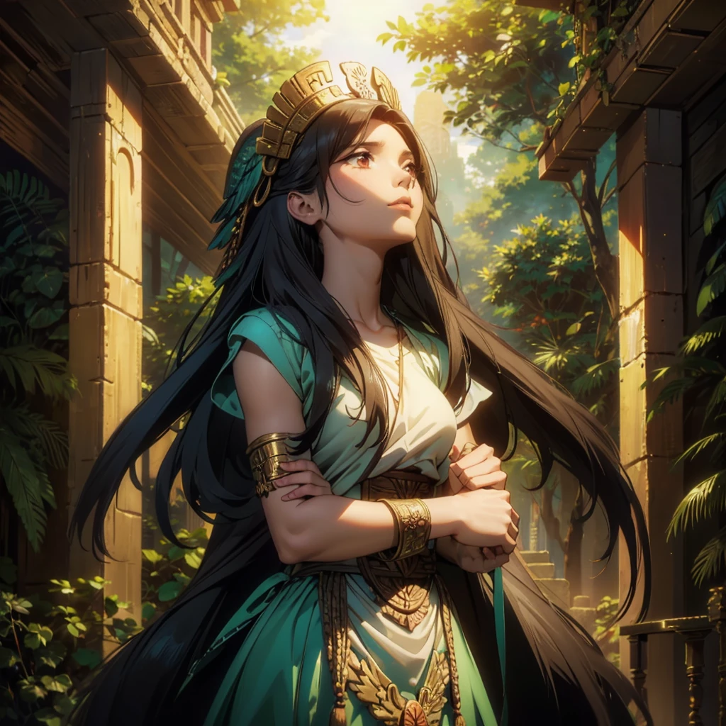 Childish, high quality、Very detailed、8Year、Mayan Aztec young priestess、Flying Feathered Serpent(Quetzalcoatl Kukulkan)Looking up at the sky and offering prayers、Chichen Itza Temple of the Sun in the Forest、mysterious、