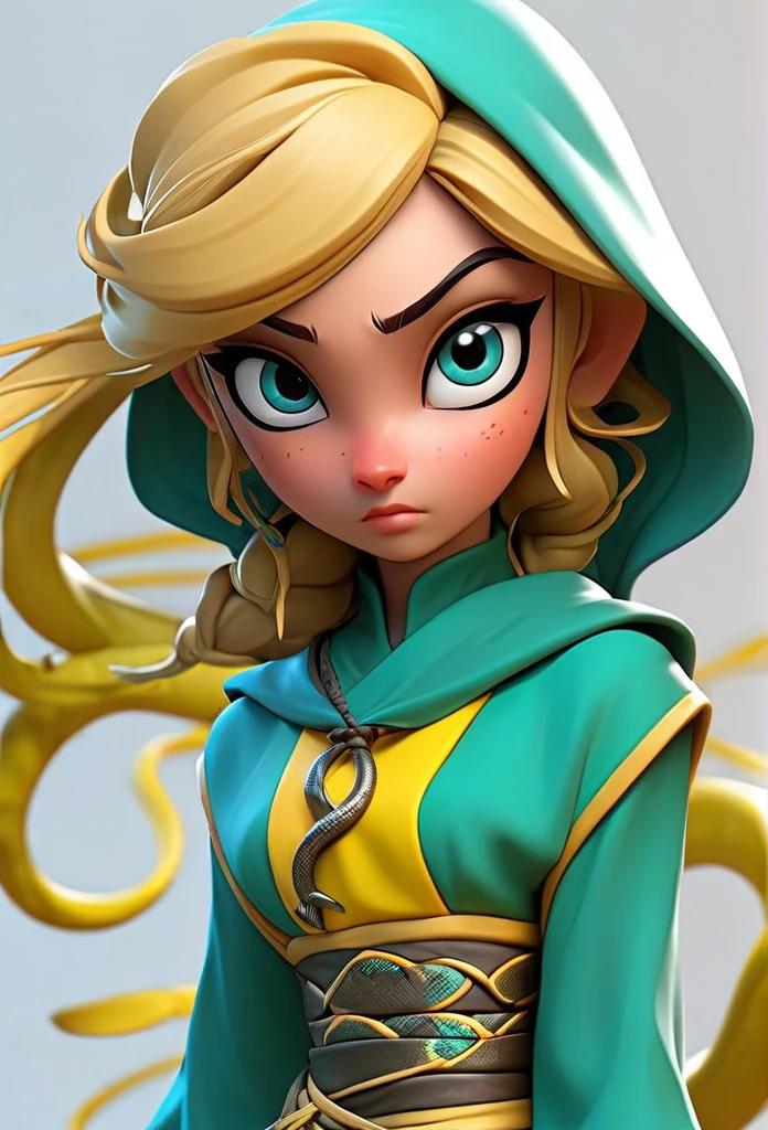 Ninja Assassin girl with cyan colored dress, with Snake cape, with masks, yellow, long straight hair, with bangs, green-eyed
