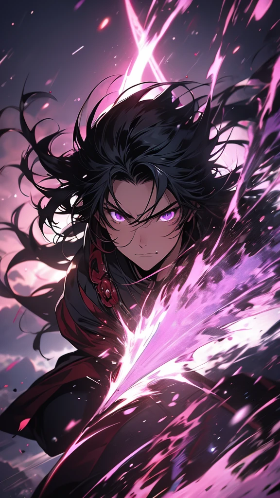 Giyuu Tomioka, Demon slayer, Angry mode, Long black hair, Purple eyes glowed, Pink clothes, Green Red, Swinging the World, Blues World, Weather effects:1.2, Light effects:1.2, Background Beautiful sky:1.2. Ultra-realistic, Very detailed, High resolution, Highest quality, masterpiece