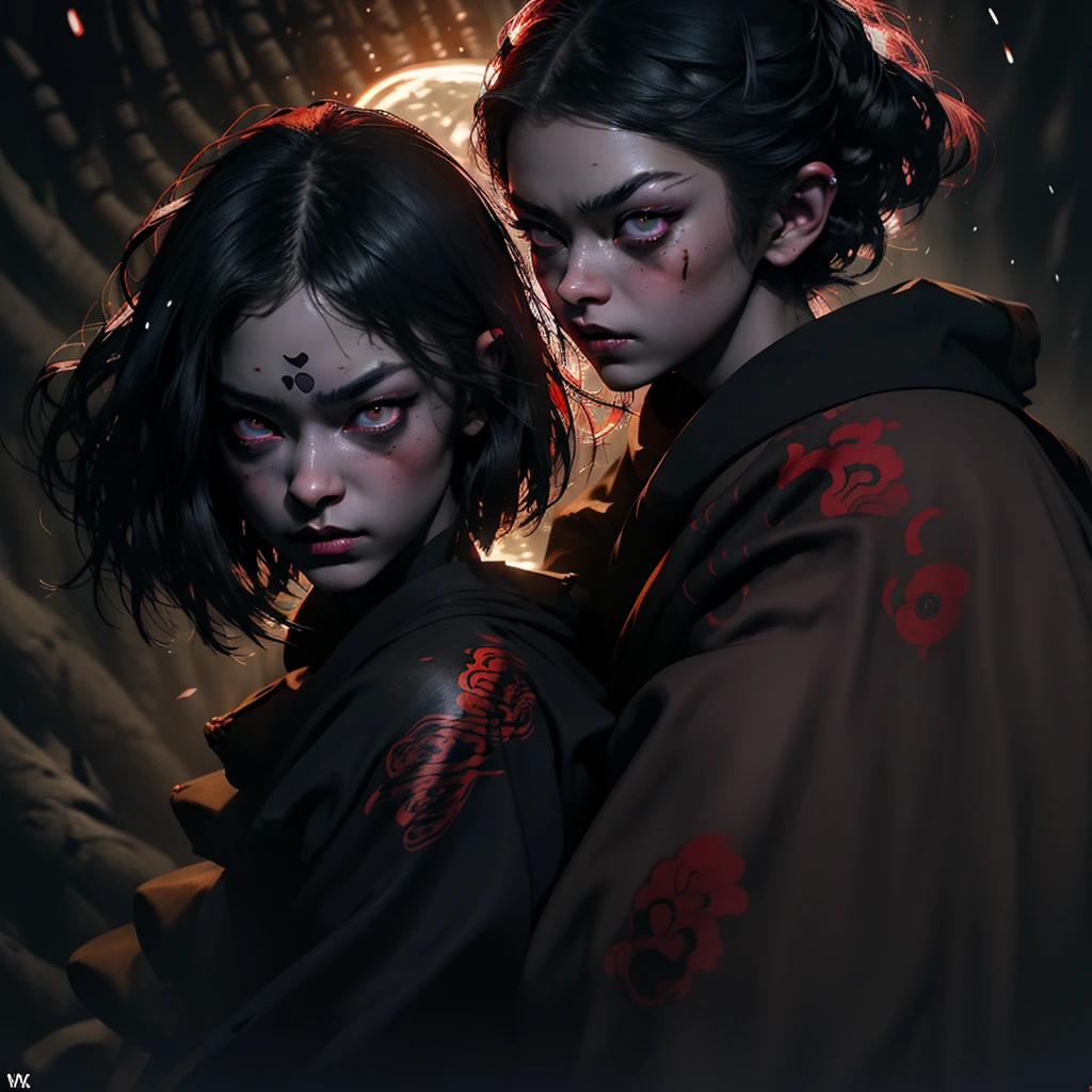 In Anime-art style, pixiv, masterpiece, 1 girl, (Close-up:1.1),Very Close to the Viewer( only half of the face is visible), soft lighting, Bloody sky, bloody environment, bloody rain, dark silhouettes, красный blood vibe, red vibe настроение, red like your blood, vampire life, Gothic, mysterious facial expressions, tattoos, aesthetics, rings and finger rings, web, head covered with dark cloth, Vampirism, на заднем фоне dark silhouettes, the character is closer to the viewer, видно только one eye, Focus on the character, Close-up, symbolism, a ritual, mirrors and paintings in the background, reflections, on the avatar, Dark art style, Blood runs down his face, portrait, leader, leads the concept, silhouettes behind, chaos, the weather is terrible, someone is spectating on her, DALLE, Close-up больших демонических глаз, сложные eyes, Unique Demon Ghouls, These images feature a dark, anime-style warrior with intricate tattoos and glowing red eyes, holding a blood-stained katana. The background includes a moonlit scene with shadowy samurai figures and a mysterious reaper, balanced to give equal focus to both the warrior and the background elements, creating a masterpiece, Digital art, city on the skyline, dark lighting, permission 1:1, blond hair, kimono, katana, Shanghai, nails painted black, in detail, moon and shadows, eyes, в eyesх отражение битвы, mysticism in the background, split personality, в eyesх готовится к битве, необычные eyes, scene, add more details, dark, fingers are proportional, serious look, holding a katana in his hands, only half of the face is visible, dystopia, night lighting, motion blur, красная и кровавая aesthetics, one eye, Close-up