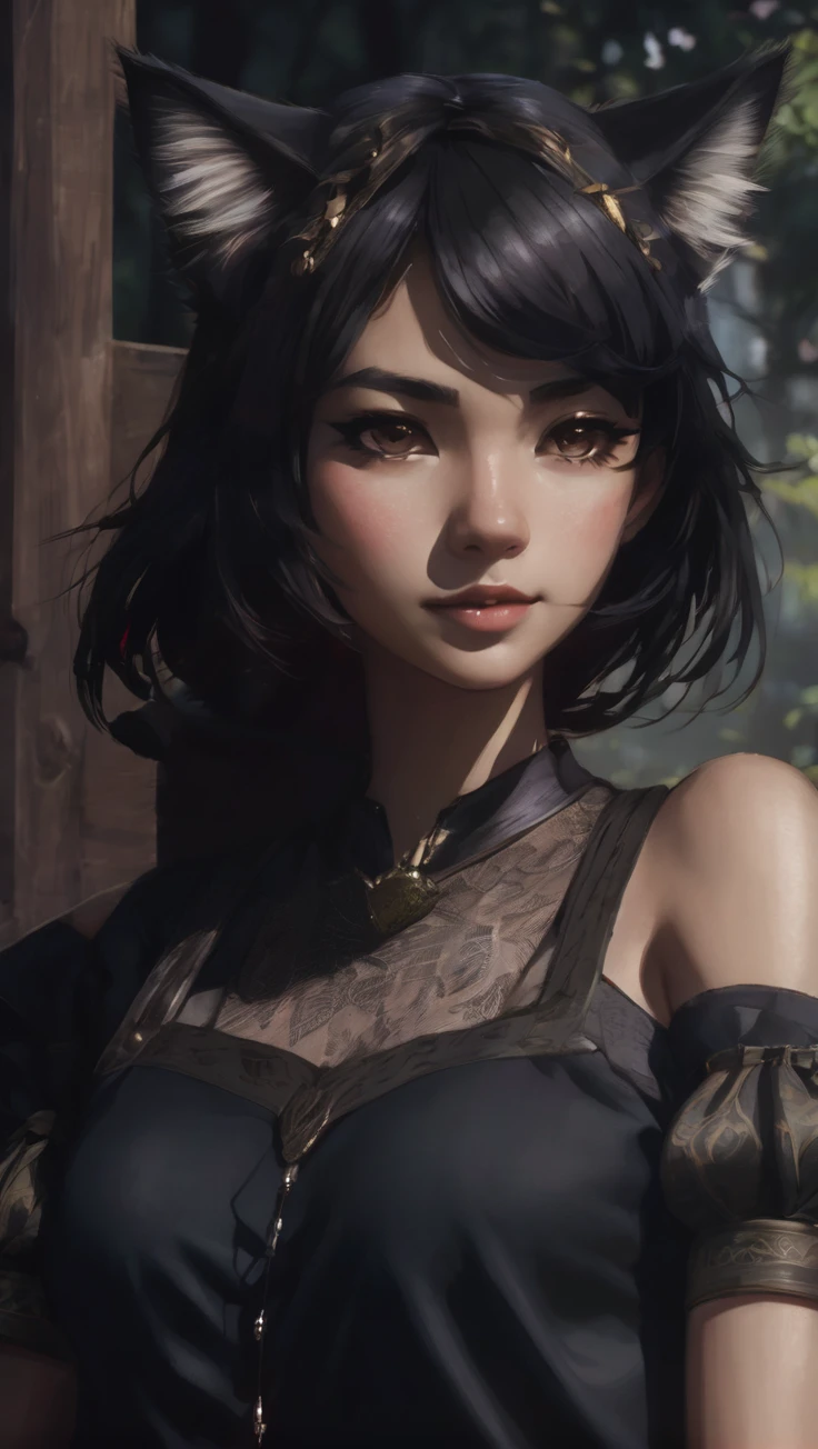 A black-haired young woman with brownish cat ears, Neko, two lines horizontally across the cheeks, young woman, cat person, Discord profile picture, dark background, forest, medieval city, brown eyes, rice teeth