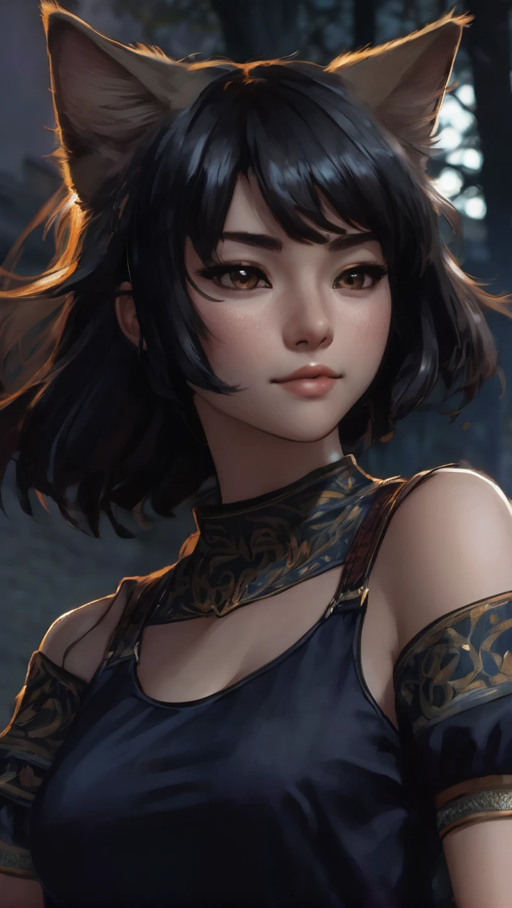 A black-haired young woman with brownish cat ears, Neko, two lines horizontally across the cheeks, young woman, cat person, Discord profile picture, dark background, forest, medieval city, brown eyes, rice teeth