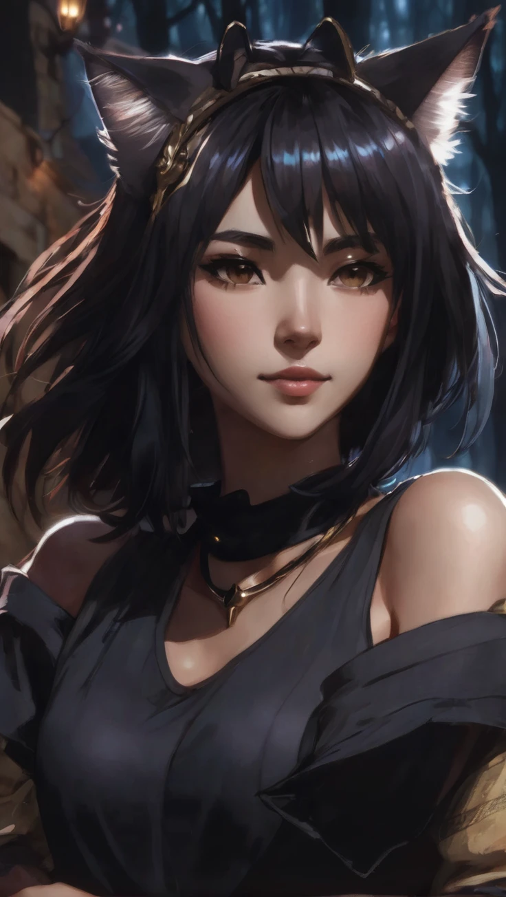 A black-haired young woman with brownish cat ears, Neko, two lines horizontally across the cheeks, young woman, cat person, Discord profile picture, dark background, forest, medieval city, brown eyes, rice teeth