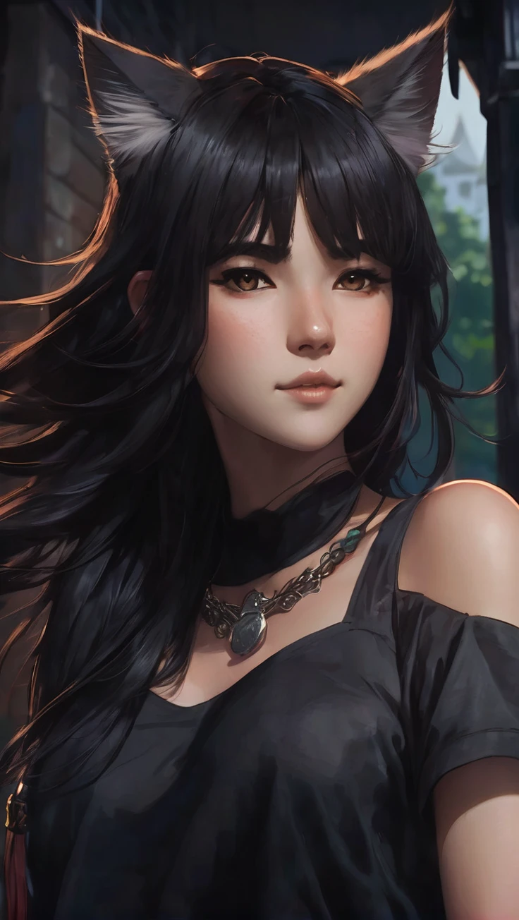 A black-haired young woman with brownish cat ears, Neko, two lines horizontally across the cheeks, young woman, cat person, Discord profile picture, dark background, forest, medieval city, brown eyes, rice teeth