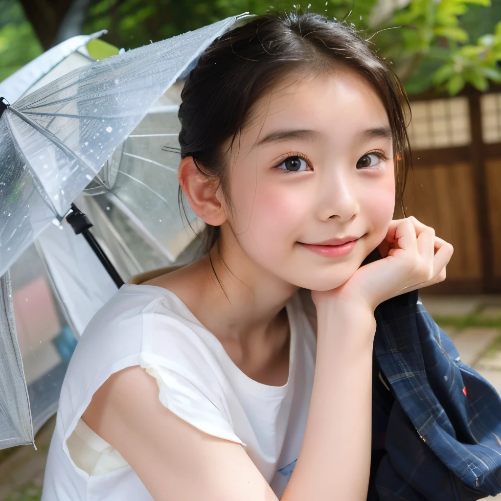 (Beautiful 14 year old Japan woman), Cute Face, (Deeply chiseled face:0.7), (freckles:0.6), Healthy white skin, shy, (Embarrassed face), (Sparkling eyes), Clothes get wet in the rain and stick to your skin、