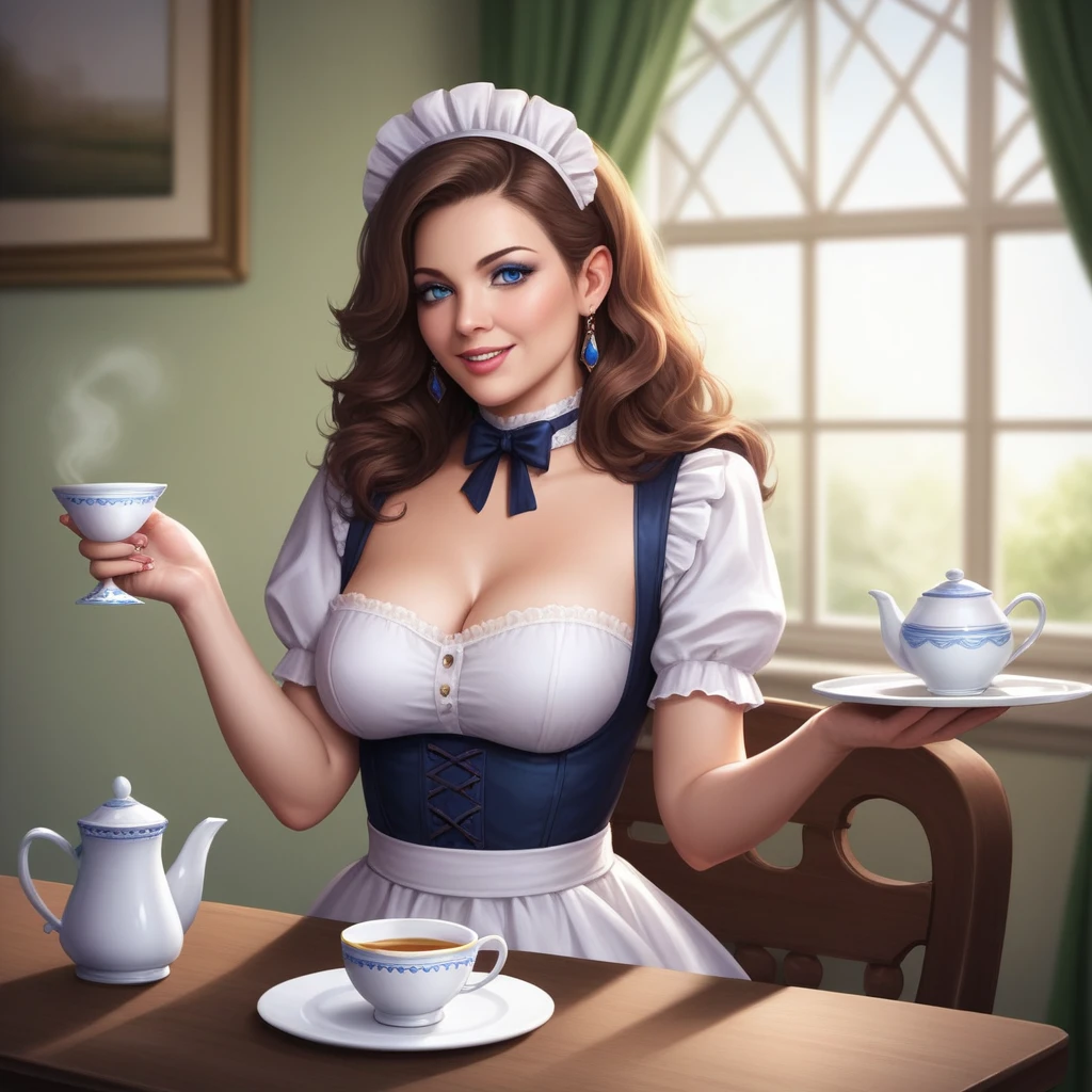 a picture of a british master slave relationship where an indian maid wearing a saree holding a tray of tea cups and serving it to a british victorian woman wearing an elaborate dress who is sitting at a table woman at a tea party. realistic, beautiful, sexy. the maid is standing and the master is sitting