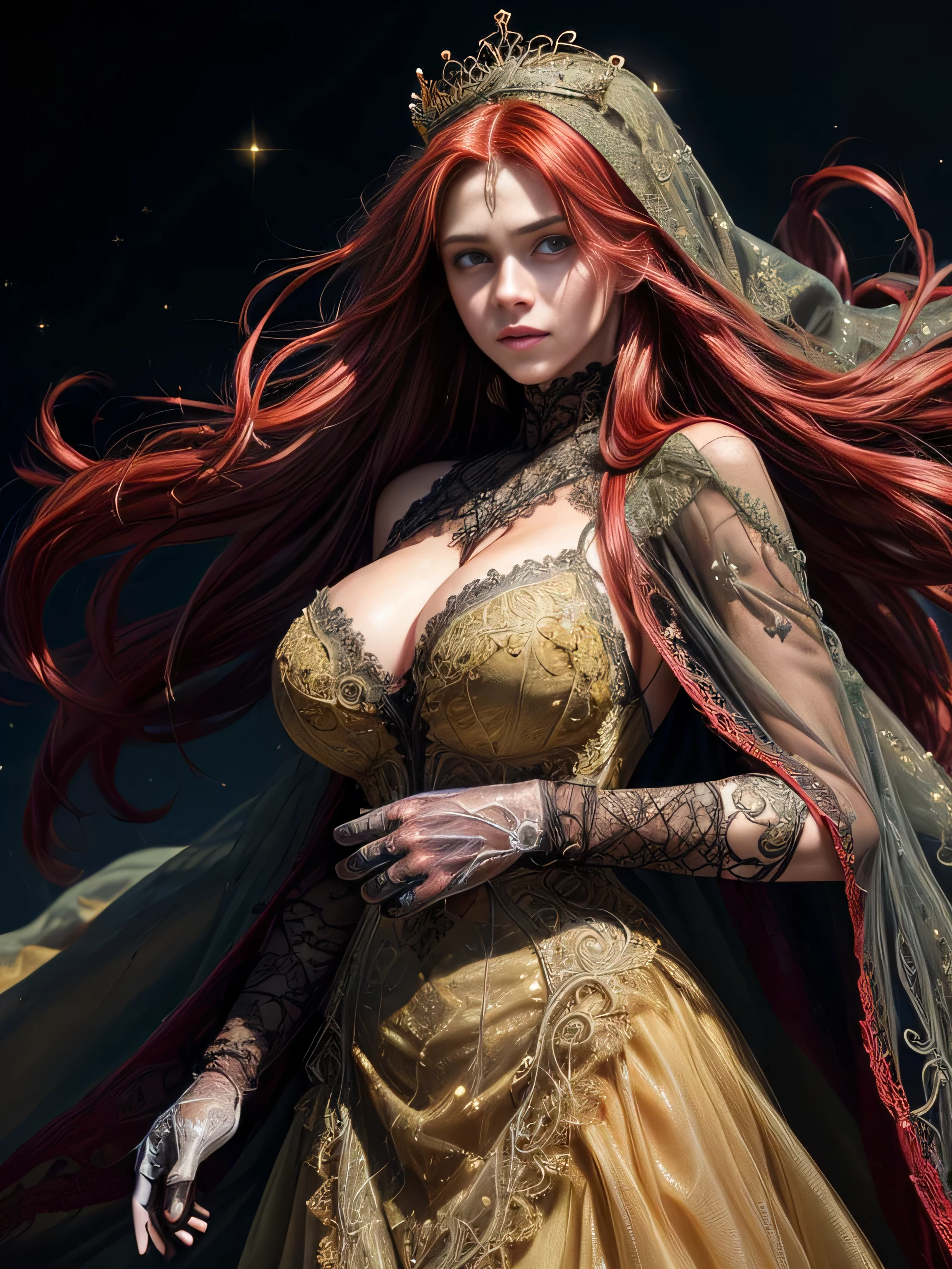 (masterpiece, photorealistic:1.4, extremely intricate:1.6), (photon mapping, radiosity, physically based rendering, ultra resolution, hyper-realistic, photorealistic:1.4, hyper-realistic, 8K, rtx), (( [bodybuilder:supermodel:0.5], (teenage girl, ((orace yellow long gown, lace gloves), wind, windy, closeup portrait, (sparkling crown)), cloak, filigree, etched, long straight [bright red hair:blonde hair:0.8], [large breasts:gigantic breasts:0.4], [green eyes:clear eyes:0.5])))