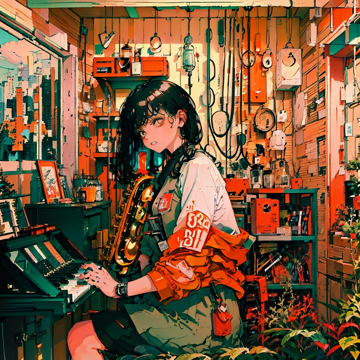 artist name: pkjy album title: LO-FI JAZZ HIPHOP MIXTAPE VOL.1 Mood and theme: lo-fi jazz hip hop, Comfortable and vintage feel Main image: MPC Sampler, ax(yes: saxophone, piano, etc.), vintage record color scheme: Warm and vintage colors(brown, beige, warm orange light)