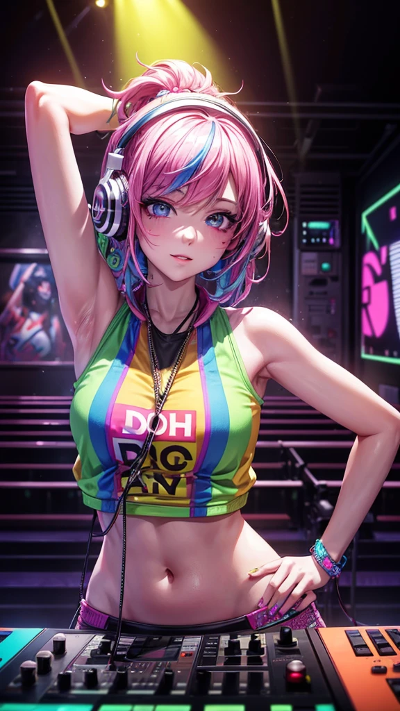 upper body,  female dj, colorful clothes , quirky, vibrant appearance,  playful accessories, creative behavior, imaginative, sensual, spontaneous, dj headphones, mixing console, music club, night club, indie theaters, people dancing on the dance floor background,  underground danceclub,  highest quality, skin texture, intricate details, (cinematic lighting), RAW photo, 8k