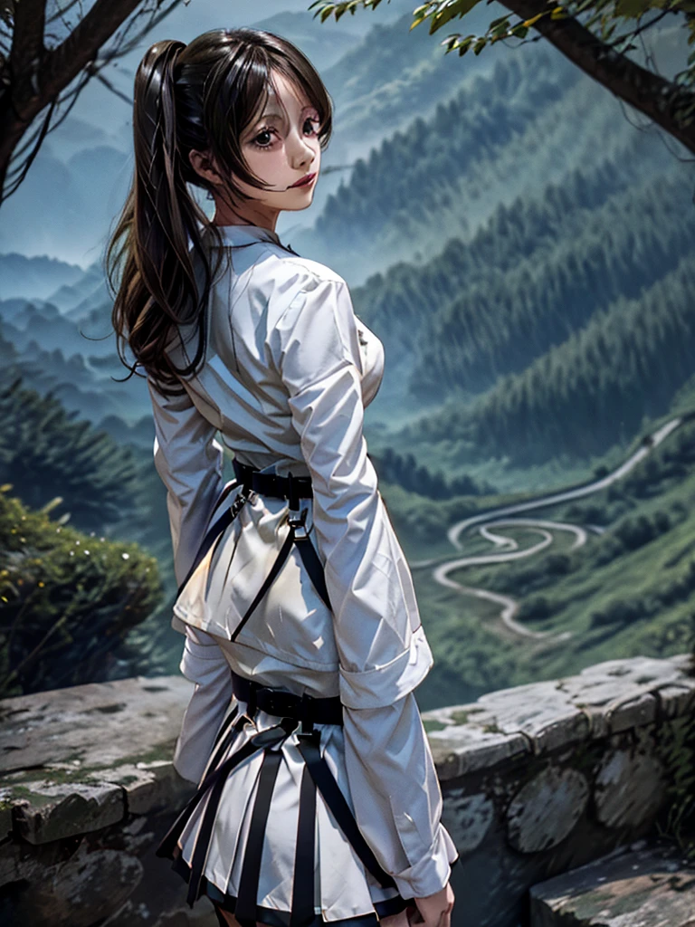 masterpiece, best quality, absurdres, 1girl, solo, FrierenBase, long hair, twintails, earrings, white capelet, striped shirt, horizontal stripes, long sleeves, belt, white skirt, gold-trim, black pantyhose, arms behind back, outdoors, forest, 