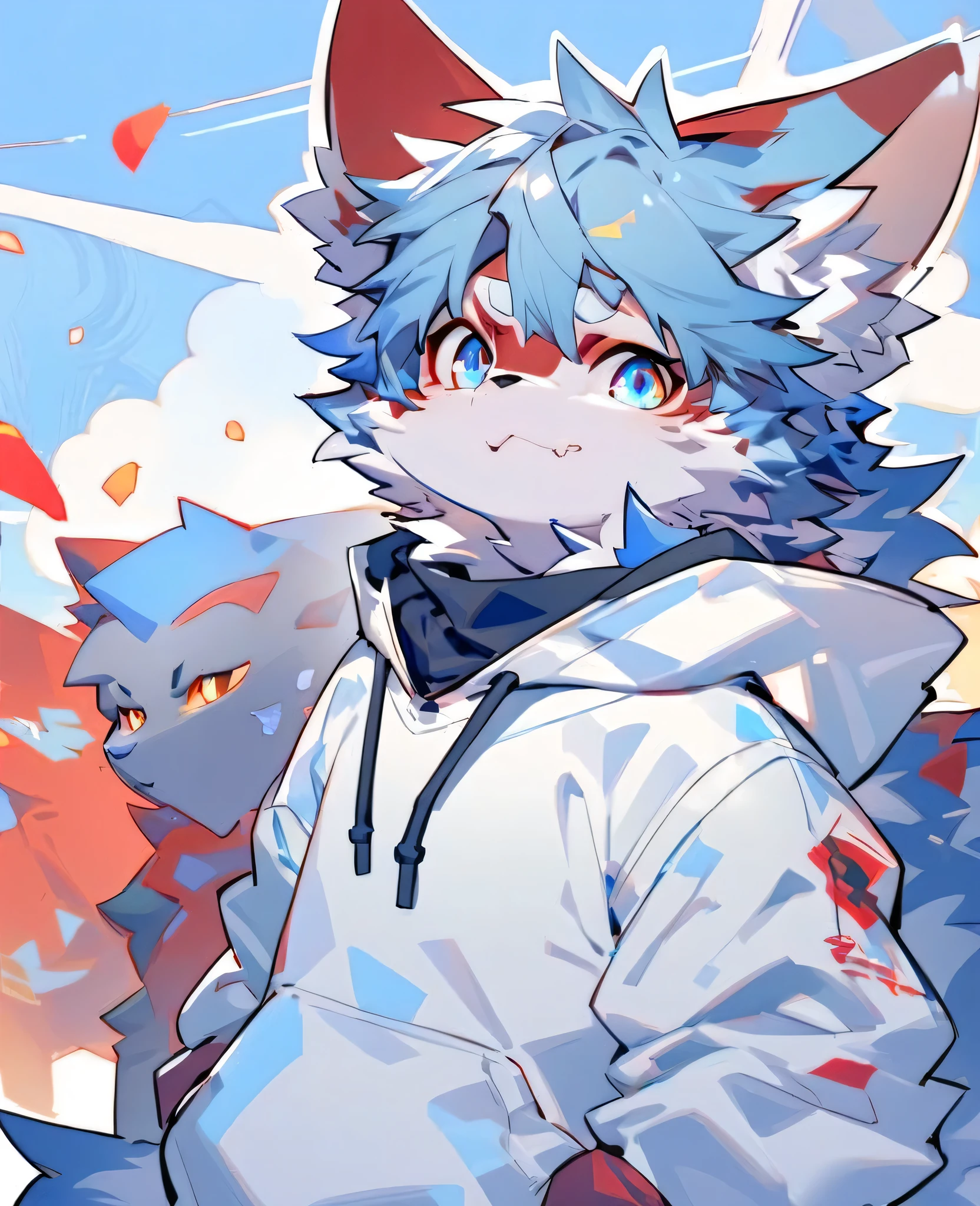 a boy，Anthropomorphic wolf，furry，Fu Rui，Light blue hair，Deep eyes，Wearing a sweatshirt，Cute expression，Furry ears，Reddened cheeks