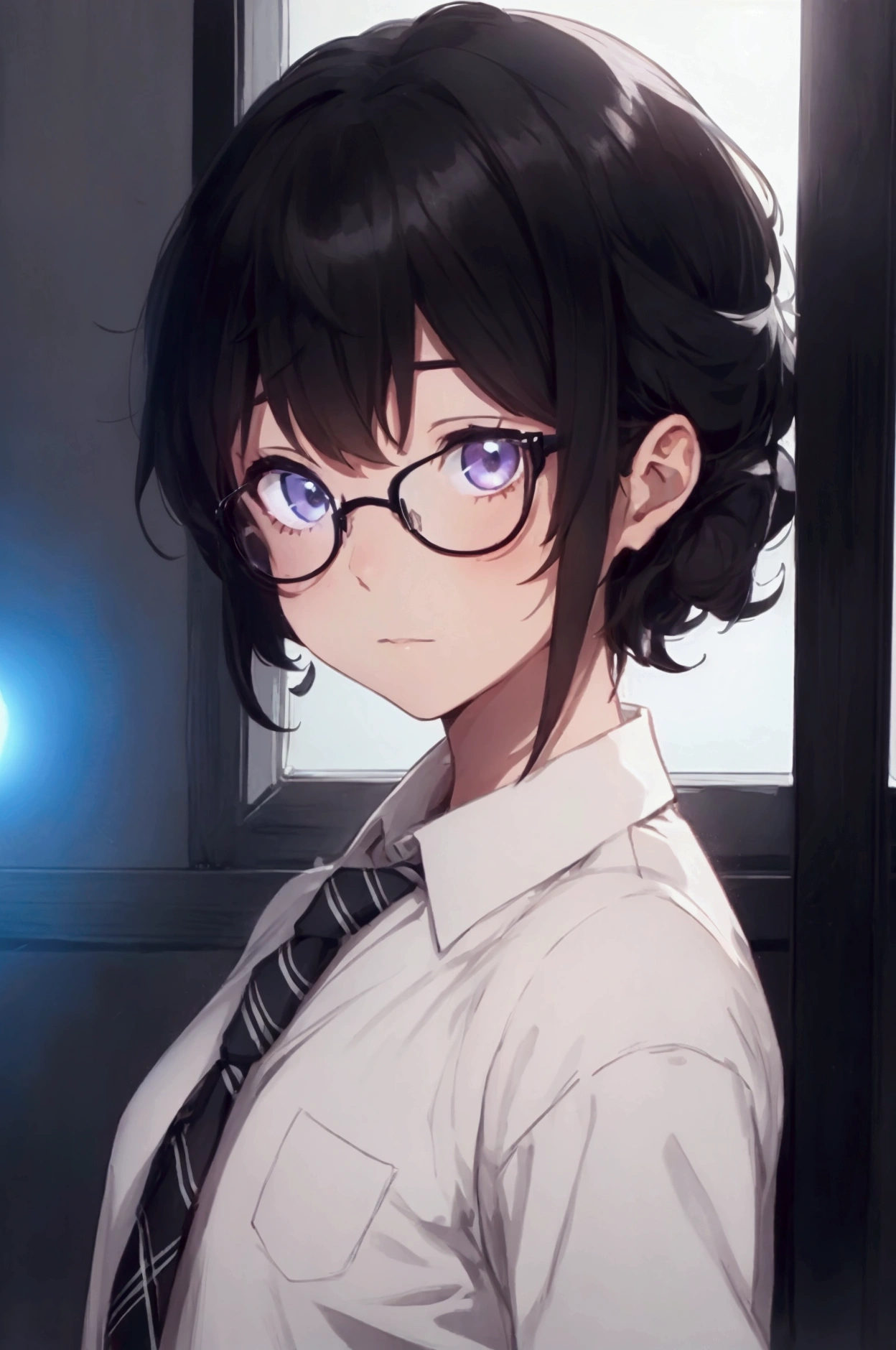 (1 boy), (school boy), male, tie, holding a bool, cute boy, adorable, Thick black frame glasses, shy, black messy hair, bluish-grey eye color, wearing glasses, 4k, detailed, anime 4k, (Curly hair), from side, character focus, ((black light)),((dark lighting)), cinematic lighting ,(darkness), (concept art), high resolution,(incredibly absurdres) ,extremely detailed CG unity 8k wallpaper, ((masterpiece)), ((top-quality)), (beautiful illustration), ((an extremely delicate and beautiful)), (masterpiece, Best quality, ultra high resolution), Black hair, pale skin, ultra detailed eyes, Beautiful and detailed face, detailed eyes, (Centered, torso), (wide shot:0.9), facing the viewer, Eye level, ((male)), shy, blushing