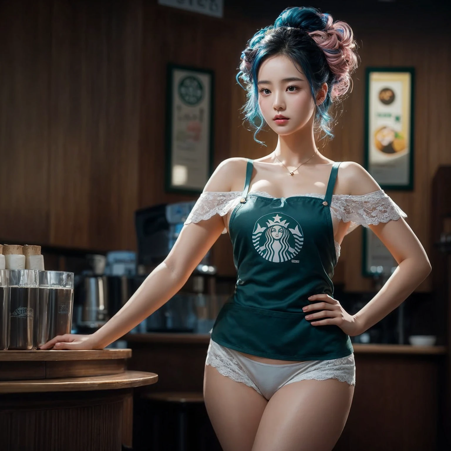 young korean female with a pear body shape and fair skin, she has a curvy larged-size chest, Cool beauty,Looks sweet,(updo, blue and pink hair), only wearing dark green starbucks apron, off-shoulders with lace strapless bra, white lace-trimmed underwear, she has big thigh, full body photo, standing pose. Side view. In coffee shop.