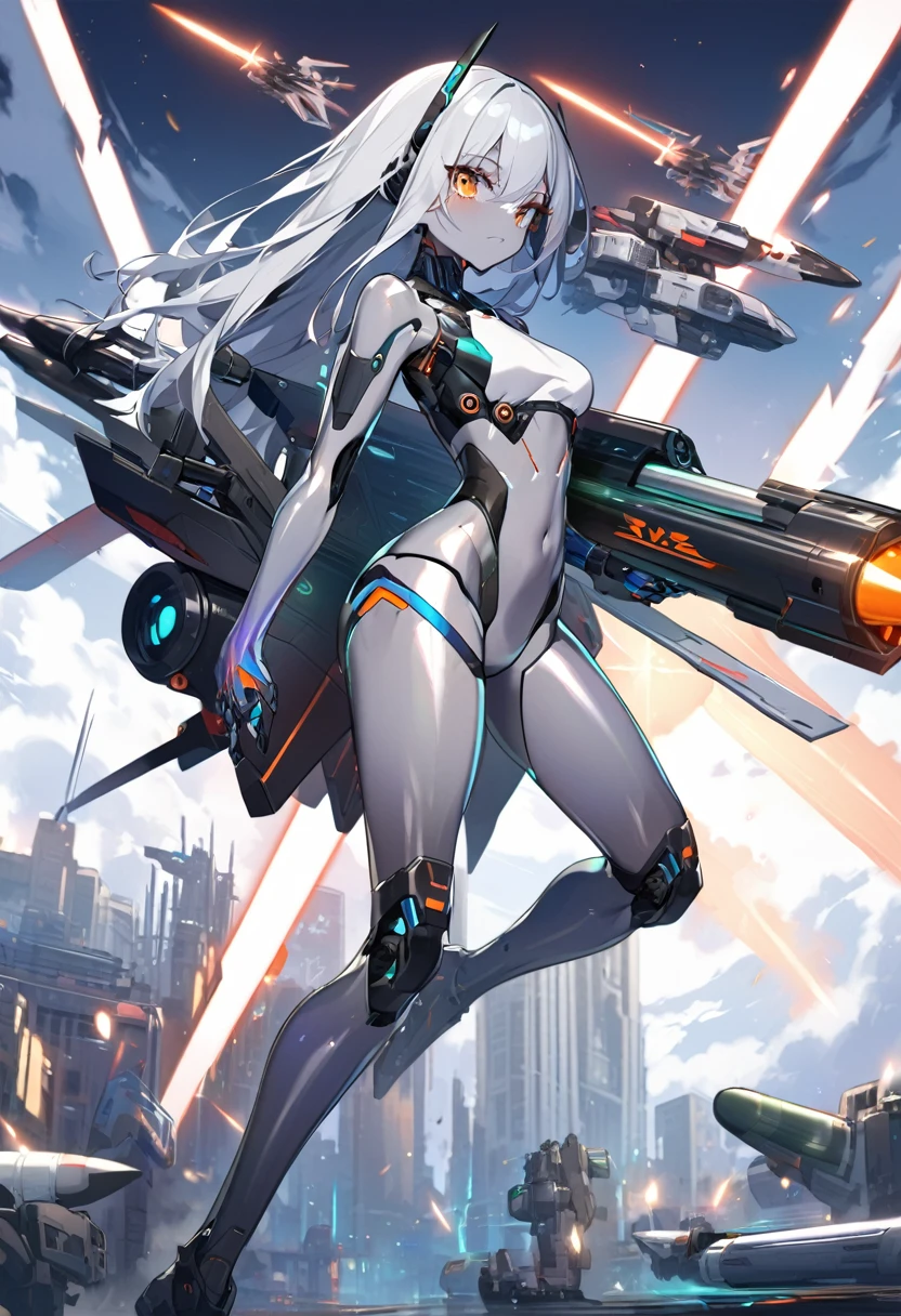 science fiction, android girl(metallic skin, cyber joint), leg booster, arm blade, X-wing, missile launcher,