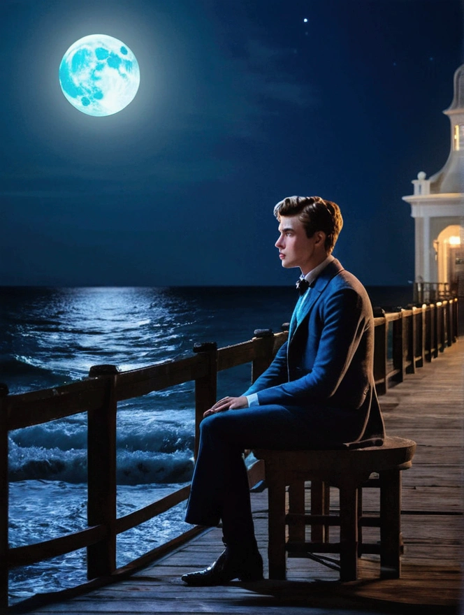"An elegant young man contemplates the night sea, on a nineteenth-century pier, under the radiant light of the full moon."