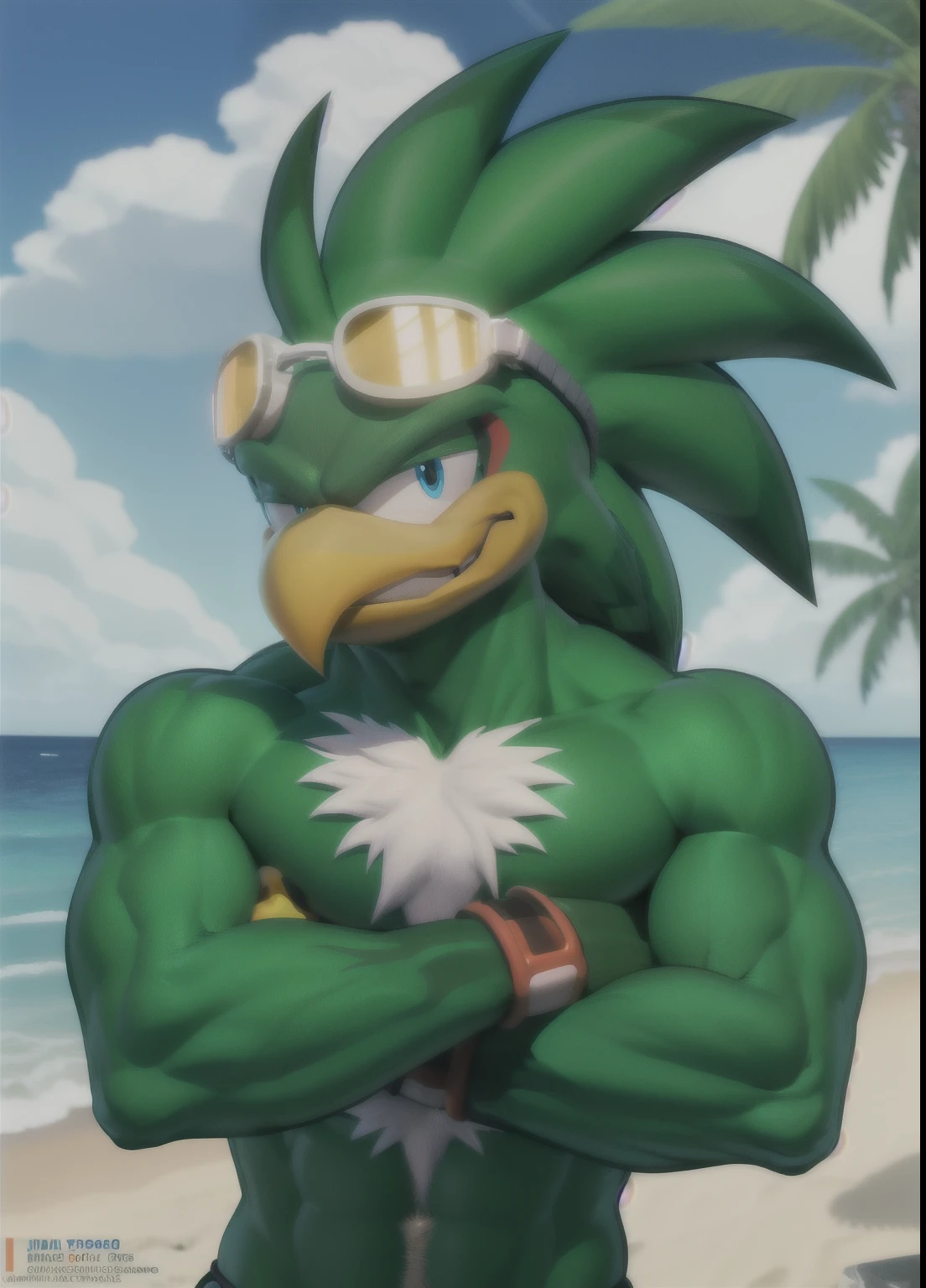 jetthehawk, furry male anthro, bird boy, portrait, solo, (best quality), (beach background:1.2), dramatic lighting, (detailed fluffy feathers:1.1), goggles, muscular, looking at viewer, grin, render, muscular, lobo, the second, large pectorals, venous muscles, Huge muscles, flexing, wearing speedo, smilin