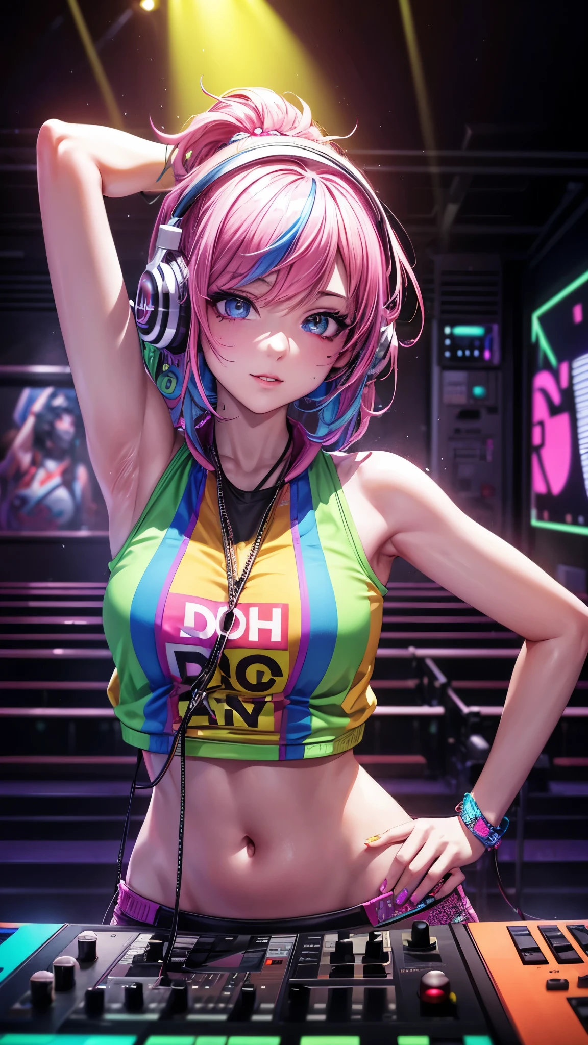 upper body,  female dj, colorful clothes , quirky, vibrant appearance,  playful accessories, creative behavior, imaginative, sensual, spontaneous, dj headphones, mixing console, music club, night club, indie theaters, people dancing on the dance floor background,  underground danceclub,  highest quality, skin texture, intricate details, (cinematic lighting), RAW photo, 8k