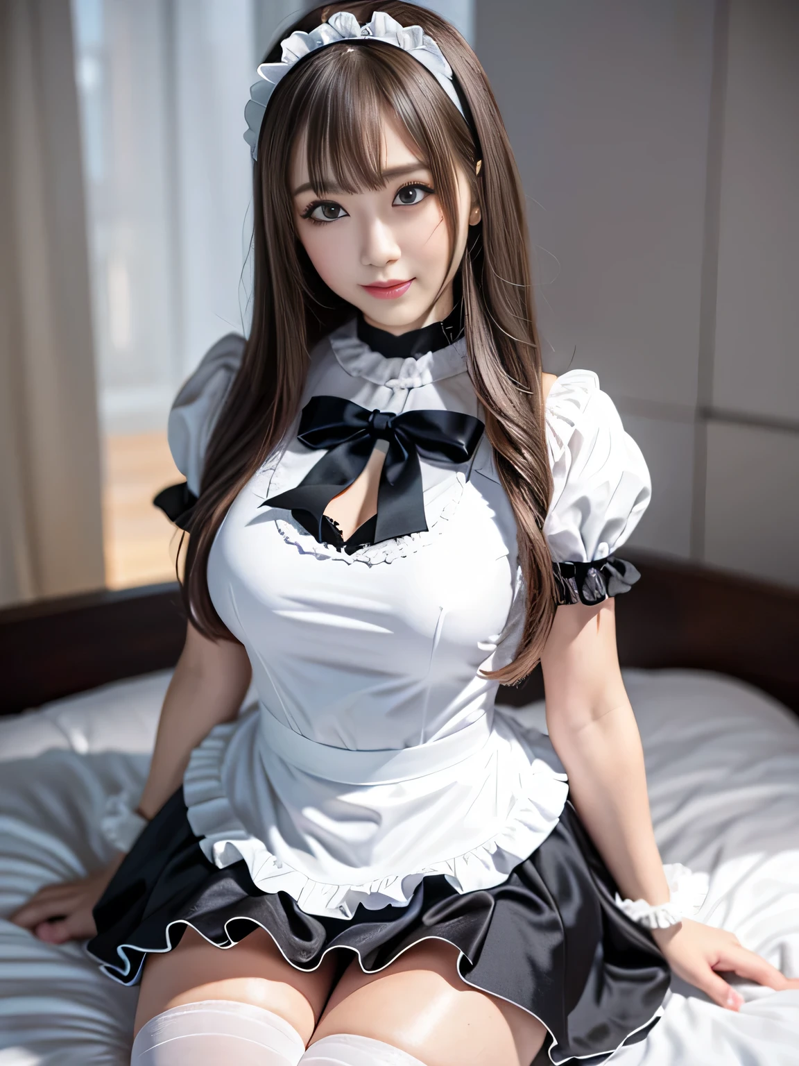 sleep with stuffed animals、Wear a costume、 masterpiece、One girl per photo、Thighs、stockings、Full Body Shot、Front view、Young and beautiful woman in Japan、Wearing a cute short-sleeved satin silver black maid outfit、With a big smile、White ruffled headband、White frilly apron、Black choker、Charming person、Very cute face、Glossy Lips、Sweaty body、Double eyelids on both eyes、 Natural Makeup、Long eyelashes、Long Bob Hair、Shiny and smooth light brown hair、Asymmetrical bangs、Sunburned skin、Center image、8k resolution、Advanced Details、Detailed hairstyle、Detailed face、Great cinema lighting、Octane Rendering、Vibrant、Ultra-realistic、Perfect limbs、Perfect Anatomy、Huge