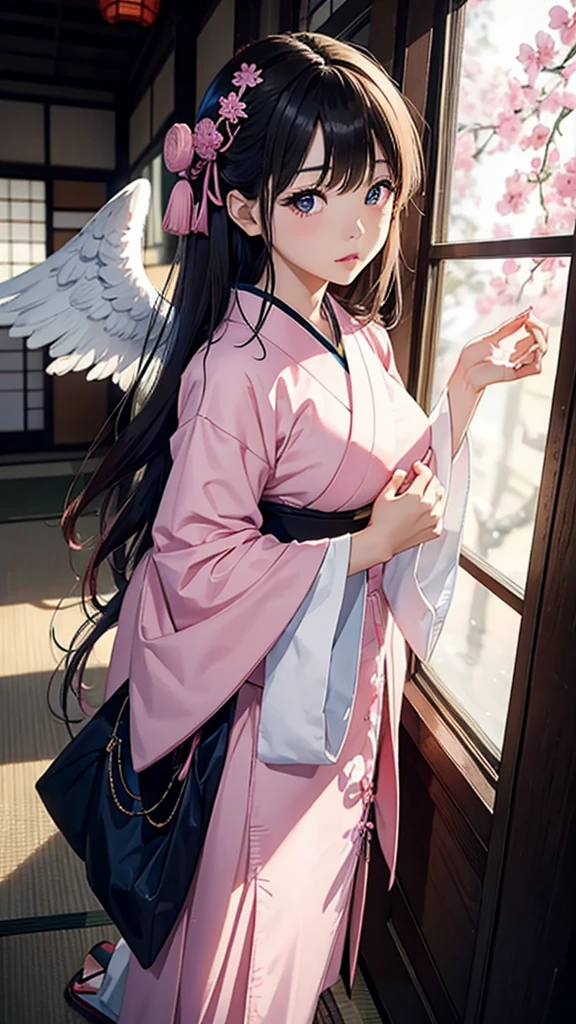 An angelic Japanese woman with a mysterious feel。Have a pink heart
