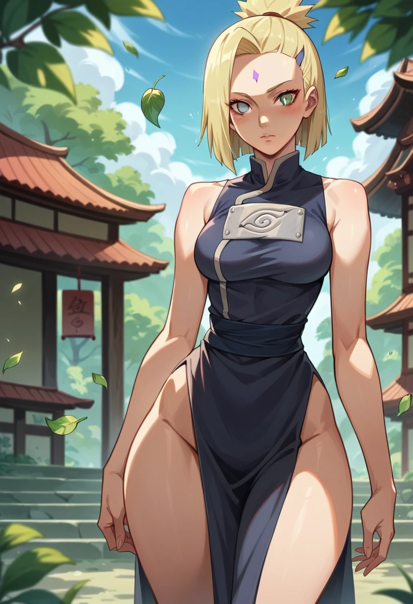 1 girl, alone , 19 years ,short blonde hair tied , on forehead ,green eyes , beautiful, light skin color , wide shoulders, thin waist, medium breasts, defined thighs, thin, defined lean  ,wide hips, medium ass, uzumaki clan, naruto shippuden style, Leaf village, black outfit, tribe uzumaki
