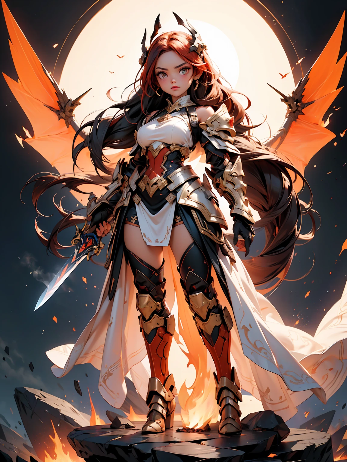 ((full body shot)) of a girl in regal, fire-themed armor with intricate gold and red details, standing in a blazing, volcanic landscape. She has long, flowing fiery red hair and intense, glowing amber eyes. Her skin has a warm, sun-kissed hue, and she is adorned with molten lava-like patterns. She holds a majestic sword engulfed in roaring flames, casting a bright, fiery light. The atmosphere is {intense|majestic}, with lava flows and embers illuminating the scene. The ground beneath her is cracked, molten earth, reflecting the intense light and adding to the fiery ambiance. Surrounding her are jagged rocks and bursts of flame in shades of {red|orange}, casting a fierce, incandescent glow. The background features towering volcanic peaks and a sky filled with ash and smoke, hinting at a powerful, fiery kingdom. The scene is dynamic and awe-inspiring, with her face showing a determined yet regal expression, her eyes focused intently on her blazing domain.

[Best quality], [Masterpiece], [Ultra-detailed], [4k], {intense|majestic} atmosphere, fiery kingdom, {dynamic pose|regal pose}, blazing illumination, {soft shadows|dramatic lighting}, {reflected light on molten earth:0.7}, {jagged rocks:0.6}, {bursts of flame:0.5}, {volcanic peaks:0.4}, {ash-filled sky:0.3}.