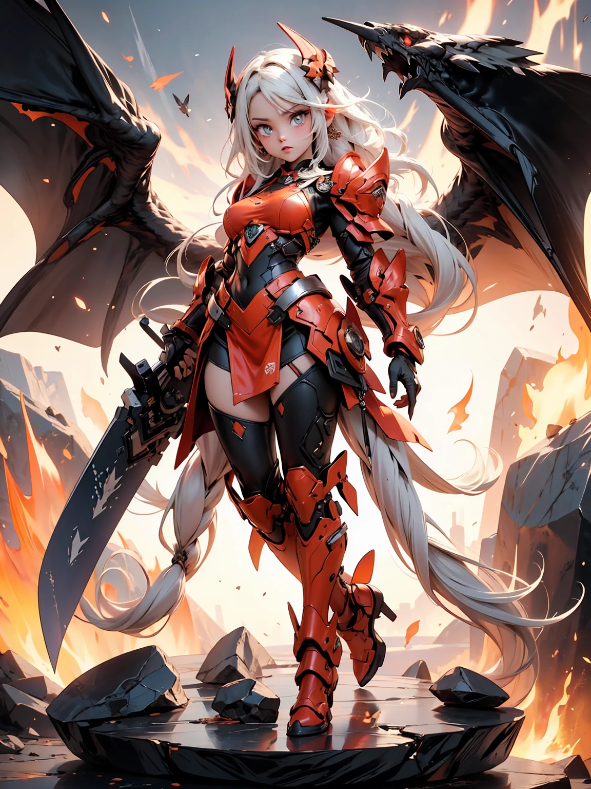 ((full body shot)) of a girl in regal, fire-themed armor with intricate gold and red details, standing in a blazing, volcanic landscape. She has long, flowing fiery red hair and intense, glowing amber eyes. Her skin has a warm, sun-kissed hue, and she is adorned with molten lava-like patterns. She holds a majestic sword engulfed in roaring flames, casting a bright, fiery light. The atmosphere is {intense|majestic}, with lava flows and embers illuminating the scene. The ground beneath her is cracked, molten earth, reflecting the intense light and adding to the fiery ambiance. Surrounding her are jagged rocks and bursts of flame in shades of {red|orange}, casting a fierce, incandescent glow. The background features towering volcanic peaks and a sky filled with ash and smoke, hinting at a powerful, fiery kingdom. The scene is dynamic and awe-inspiring, with her face showing a determined yet regal expression, her eyes focused intently on her blazing domain.

[Best quality], [Masterpiece], [Ultra-detailed], [4k], {intense|majestic} atmosphere, fiery kingdom, {dynamic pose|regal pose}, blazing illumination, {soft shadows|dramatic lighting}, {reflected light on molten earth:0.7}, {jagged rocks:0.6}, {bursts of flame:0.5}, {volcanic peaks:0.4}, {ash-filled sky:0.3}.