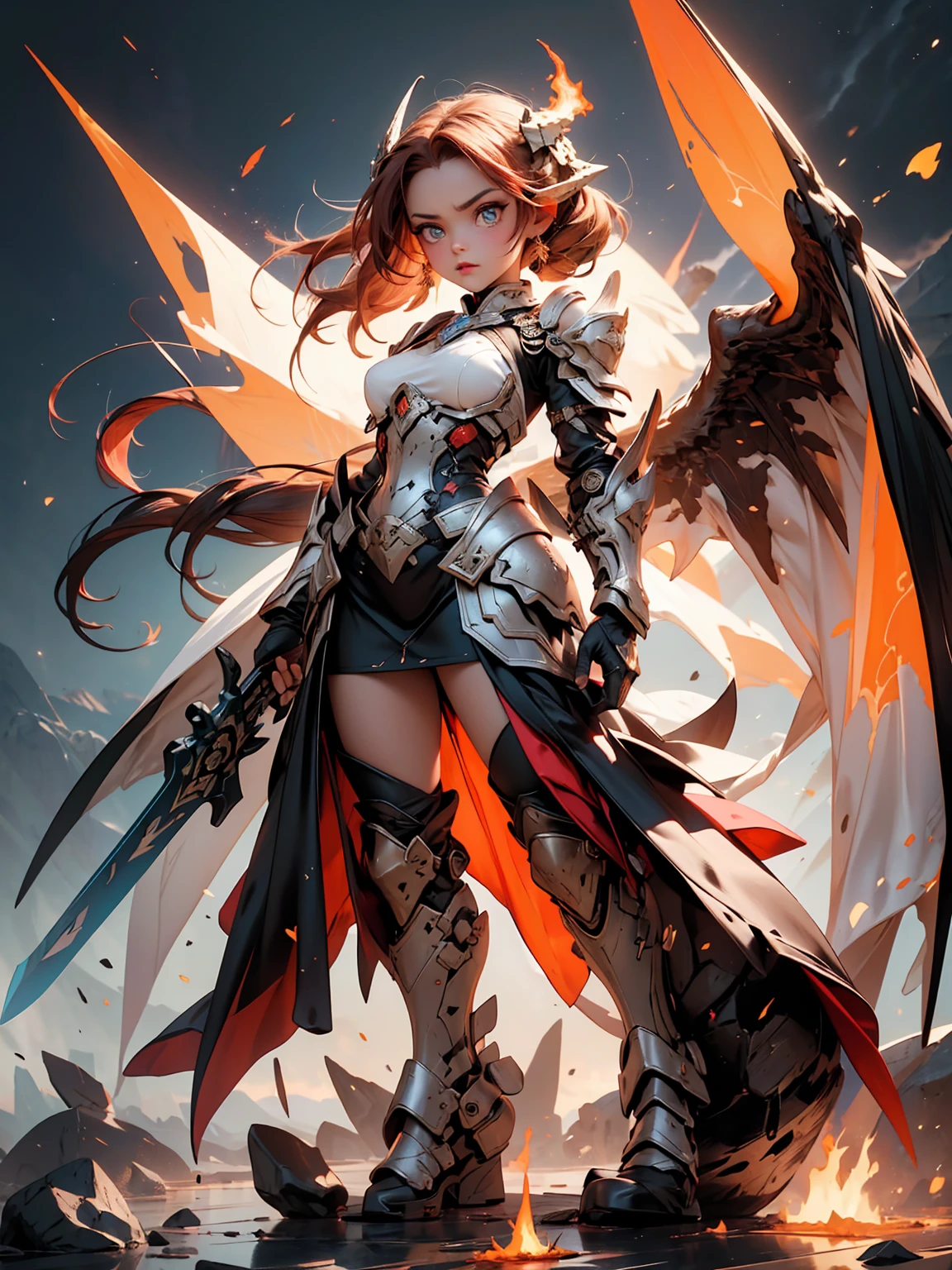 ((full body shot)) of a girl in regal, fire-themed armor with intricate gold and red details, standing in a blazing, volcanic landscape. She has long, flowing fiery red hair and intense, glowing amber eyes. Her skin has a warm, sun-kissed hue, and she is adorned with molten lava-like patterns. She holds a majestic sword engulfed in roaring flames, casting a bright, fiery light. The atmosphere is {intense|majestic}, with lava flows and embers illuminating the scene. The ground beneath her is cracked, molten earth, reflecting the intense light and adding to the fiery ambiance. Surrounding her are jagged rocks and bursts of flame in shades of {red|orange}, casting a fierce, incandescent glow. The background features towering volcanic peaks and a sky filled with ash and smoke, hinting at a powerful, fiery kingdom. The scene is dynamic and awe-inspiring, with her face showing a determined yet regal expression, her eyes focused intently on her blazing domain.

[Best quality], [Masterpiece], [Ultra-detailed], [4k], {intense|majestic} atmosphere, fiery kingdom, {dynamic pose|regal pose}, blazing illumination, {soft shadows|dramatic lighting}, {reflected light on molten earth:0.7}, {jagged rocks:0.6}, {bursts of flame:0.5}, {volcanic peaks:0.4}, {ash-filled sky:0.3}.