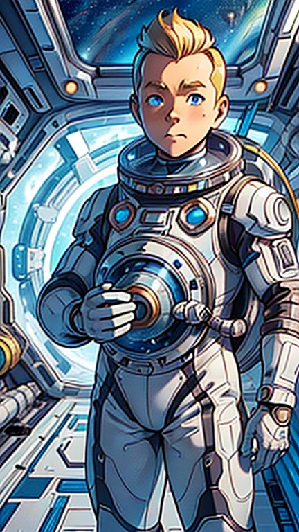 (1man, Tintin,1boy), (extremely detailed CG unit 8k wallpaper),(master part), (best quality), (ultra detail), (best illustration),(ZonaiAI), cowboy shot,(Sharp eyeliner, ombre, detailed eyes:1),Outer Space Station interiors background,break,(astronaut in a space suit),upper body,short hair,blonde hair, 