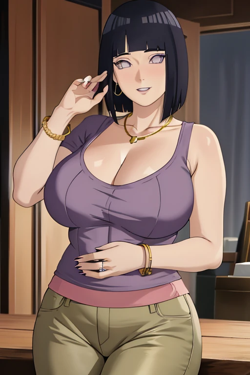 masterpiece, absurdres, hinata\(boruto\), 1girl, solo,mature female, tight tshirt with cleavage showing bodyline, tight pants, looking at viewer, (falling petals), enarmous big breast, beautiful face, body propotion, blush, (purple lips), purple eyes,  soft gaze, detailed, photoshoot, big cleavage, (very short hair), Gold chained Necklace, Long nail, Gold bracelet, round shaped earring, Eyeliner, Purple lipstic, Plump, Wedding ring, thick lips, Hair lenght half of ear, Smile