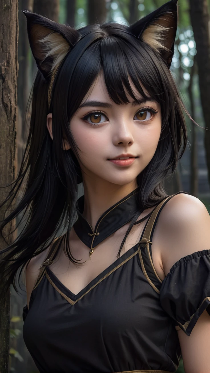 A black-haired young woman with brownish cat ears, Neko, two lines horizontally across the cheeks, young woman, cat person, Discord profile picture, dark background, forest, medieval city, brown eyes, rice teeth