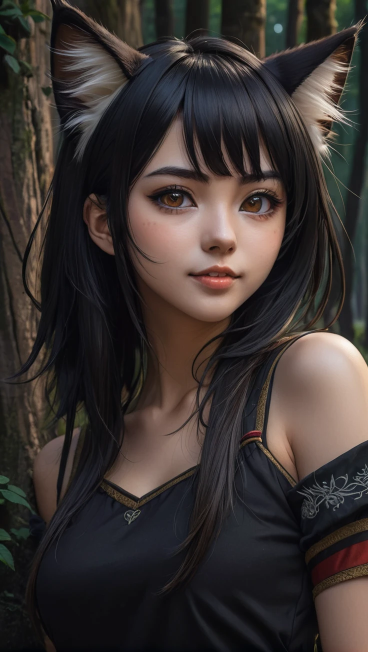 A black-haired young woman with brownish cat ears, Neko, two lines horizontally across the cheeks, young woman, cat person, Discord profile picture, dark background, forest, medieval city, brown eyes, rice teeth