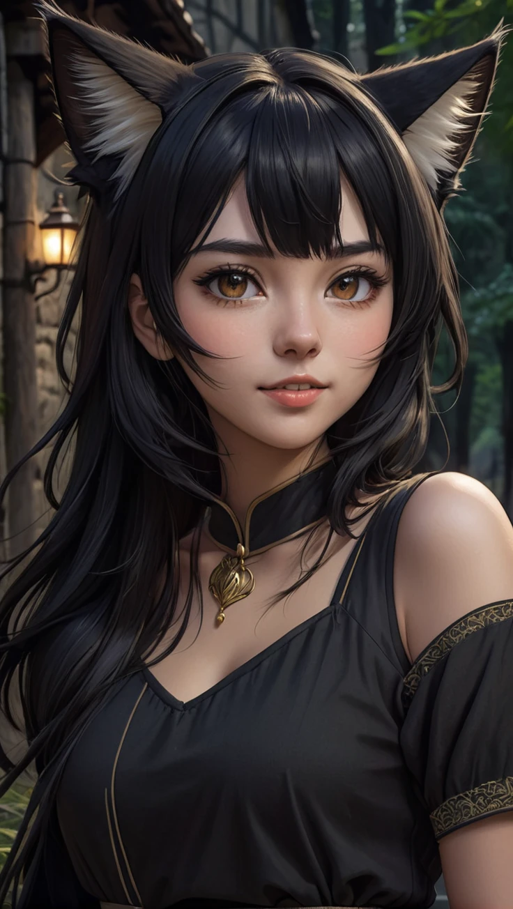 A black-haired young woman with brownish cat ears, Neko, two lines horizontally across the cheeks, young woman, cat person, Discord profile picture, dark background, forest, medieval city, brown eyes, rice teeth