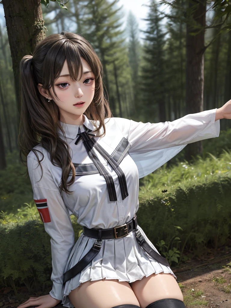 masterpiece, best quality, absurdres, 1girl, solo, FrierenBase, long hair, twintails, earrings, white capelet, striped shirt, horizontal stripes, long sleeves, belt, white skirt, gold-trim, black pantyhose, arms behind back, outdoors, forest, 