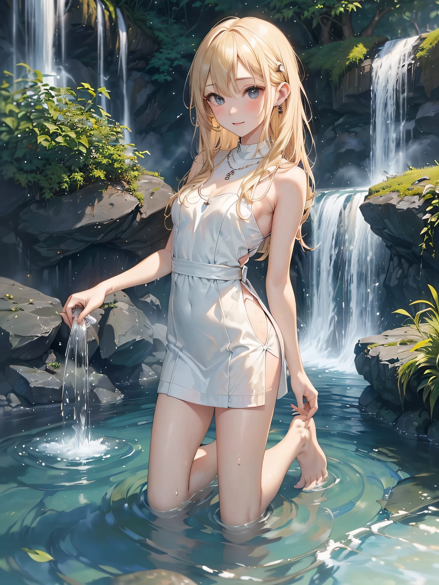((Biologically correct limb count)),(( From head to toe,Full-body photo including face)),4K,((Standing position)),masterpiece,((Focus on the face)),((Symmetrical facial features)),Eyes with detailed description,Beautiful woman,Great style,Beautiful arms,Beautiful legs,Beautiful Hands,(Small Ass,Thin thighs),Detailed depiction of the face,Small earrings,necklace,(White dress,((evening,Kneel、waterfall、Playing in the river、splashes rise)),((Blonde)),Realistic photo,Focus on the face,Dripping Water